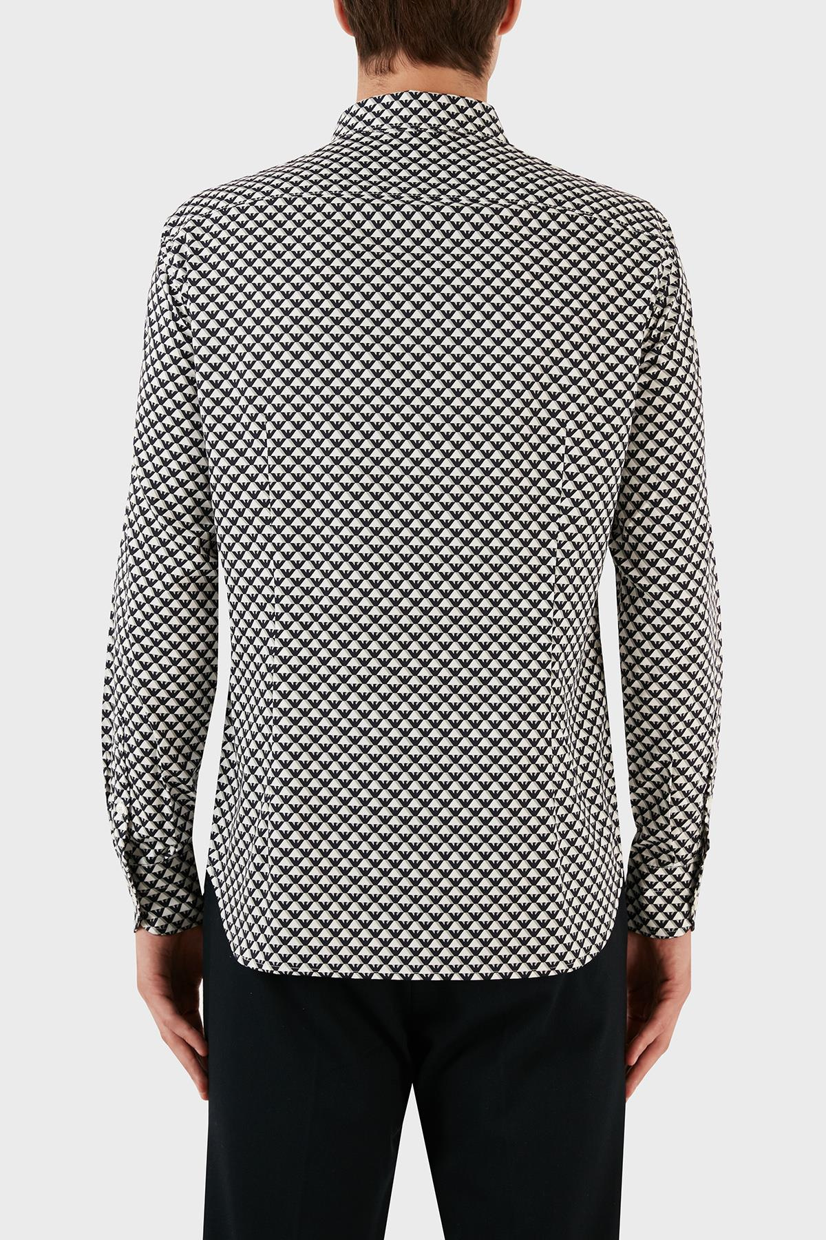 Emporio Armani Emporıo Armani Erkek Marka Logolu Düğmeli Gömlek Yaka Uzun Kollu Siyah-Beyaz Gömlek 6R1C86 1NMVZ-F1D6