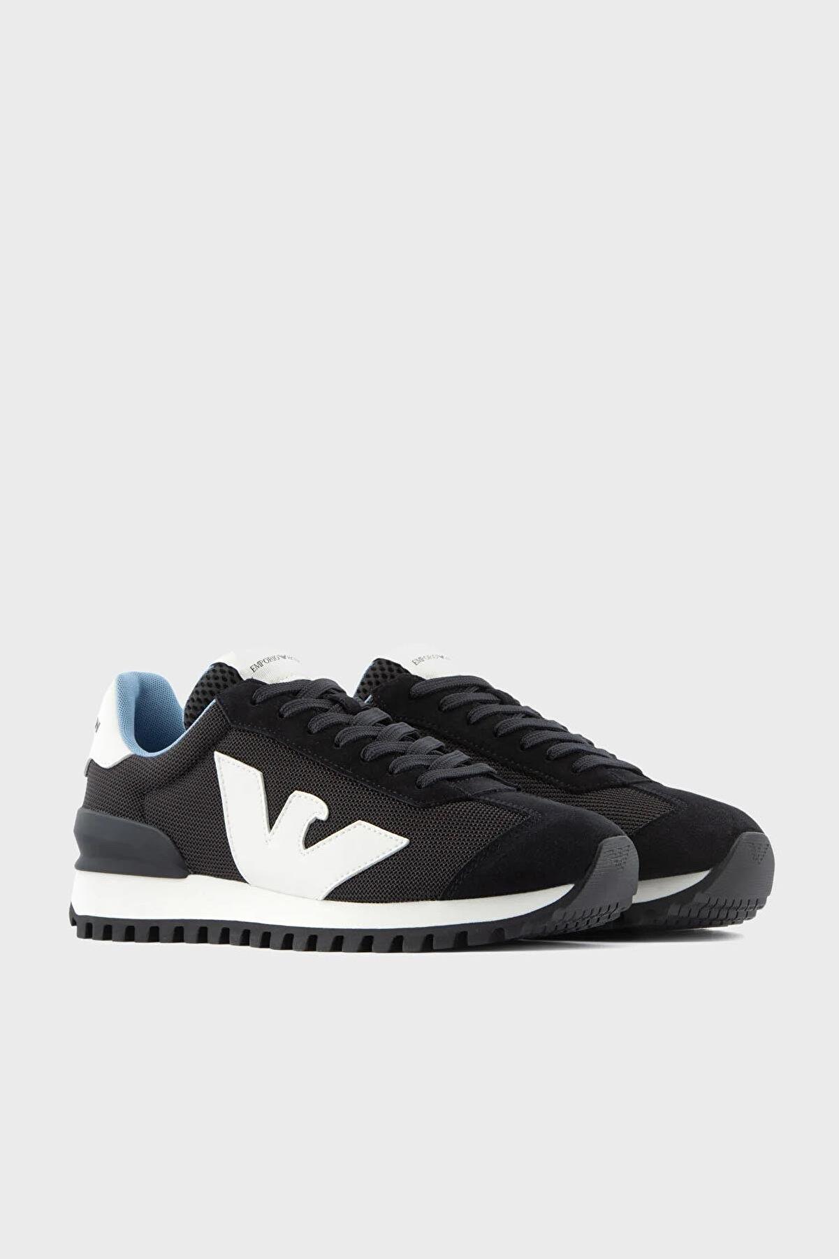 Emporio Armani Emporıo Armani Erkek Marka Logolu Bağcıklı Kaydırmaz Tabanlı Günlük Siyah-Mavi Sneaker X4X583 XN647-T621
