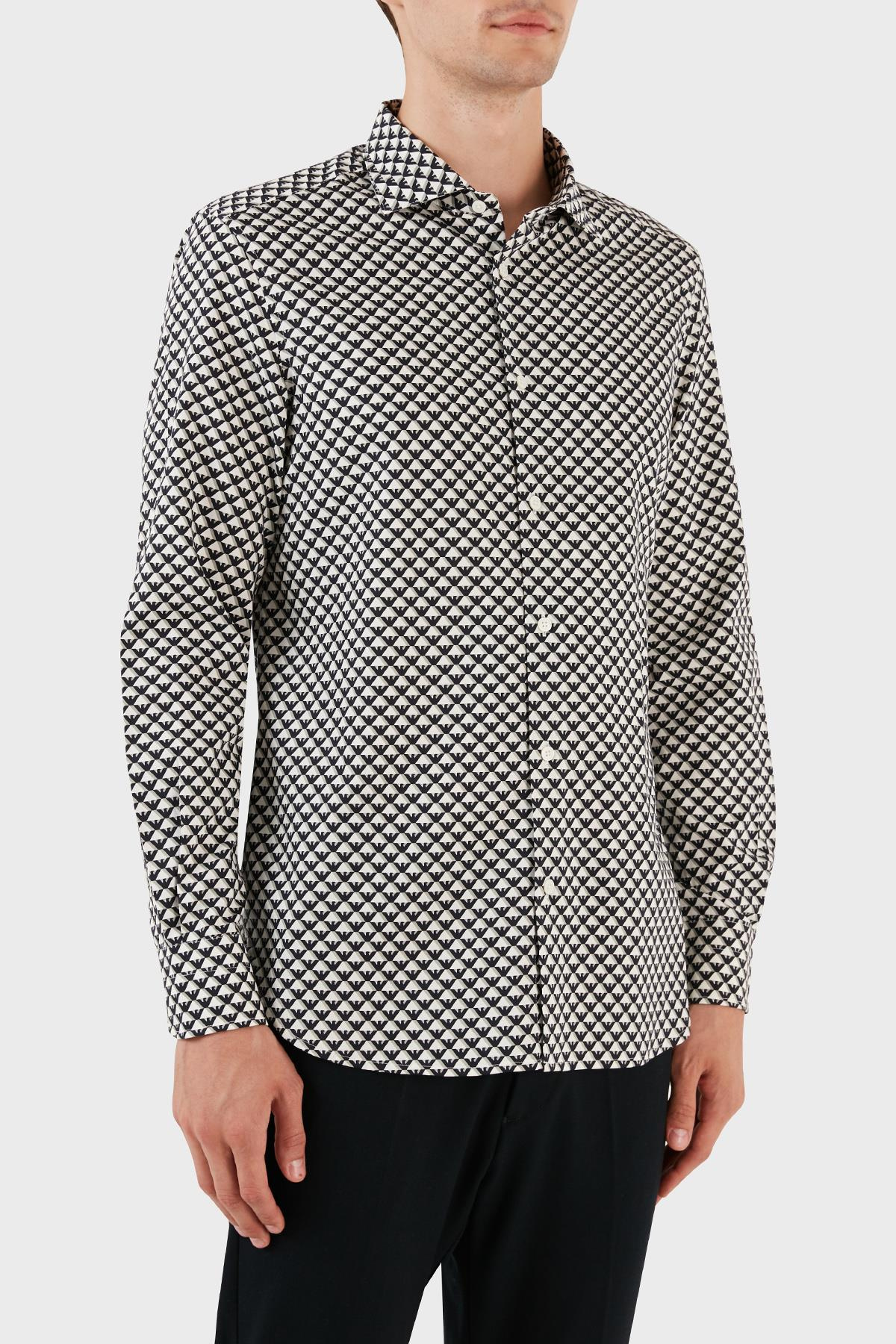 Emporio Armani Emporıo Armani Erkek Marka Logolu Düğmeli Gömlek Yaka Uzun Kollu Siyah-Beyaz Gömlek 6R1C86 1NMVZ-F1D6