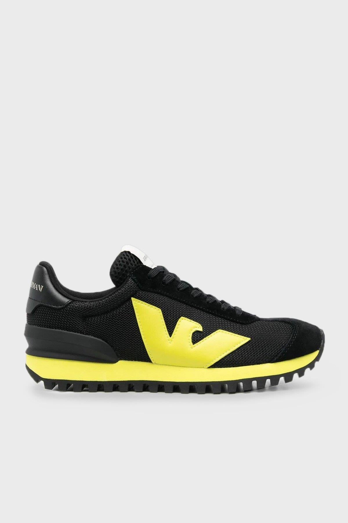 Emporio Armani Emporıo Armani Erkek Marka Logolu Bağcıklı Kaydırmaz Tabanlı Günlük Siyah-Yeşil Sneaker X4X583 XN647-S737