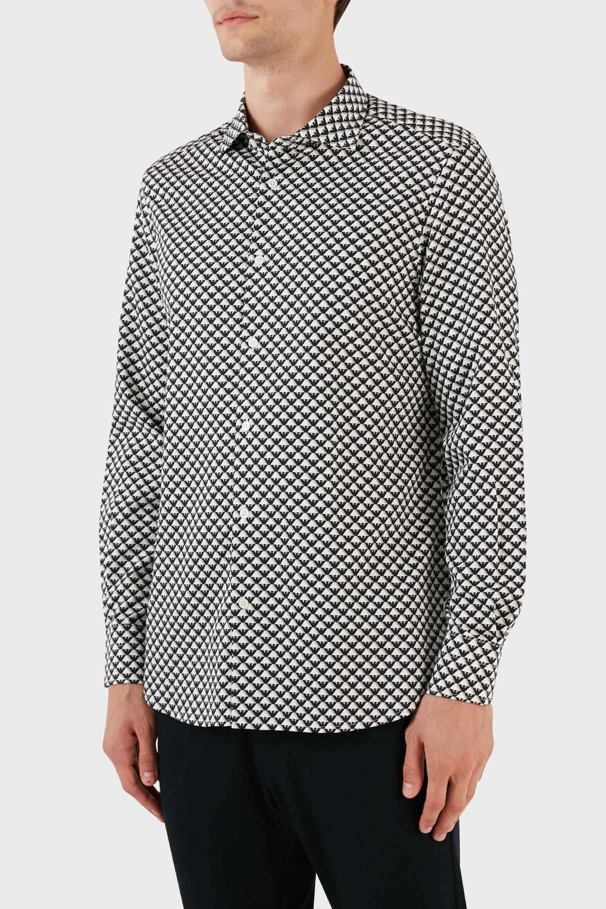 Emporio Armani Emporıo Armani Erkek Marka Logolu Düğmeli Gömlek Yaka Uzun Kollu Siyah-Beyaz Gömlek 6R1C86 1NMVZ-F1D6