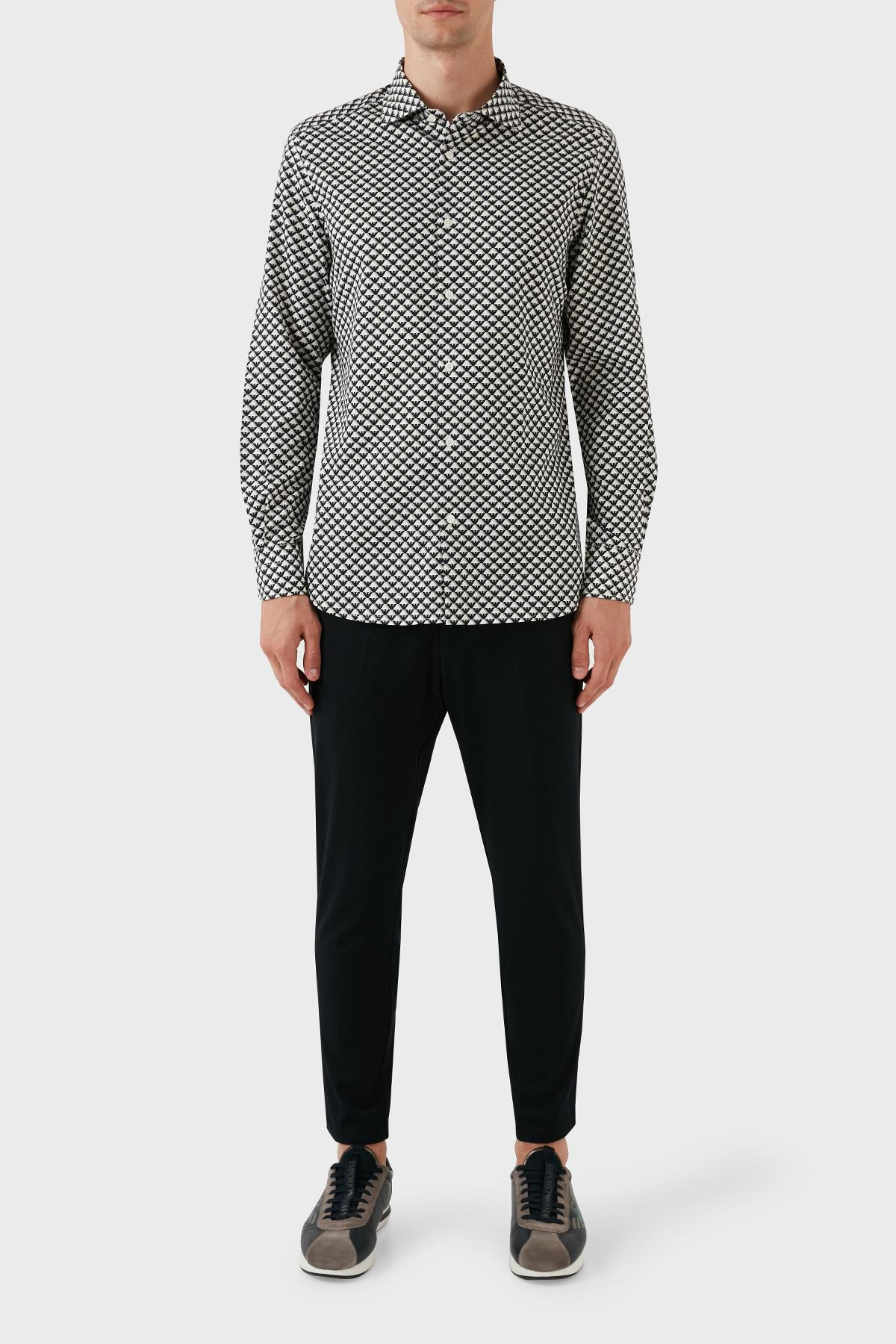 Emporio Armani Emporıo Armani Erkek Marka Logolu Düğmeli Gömlek Yaka Uzun Kollu Siyah-Beyaz Gömlek 6R1C86 1NMVZ-F1D6