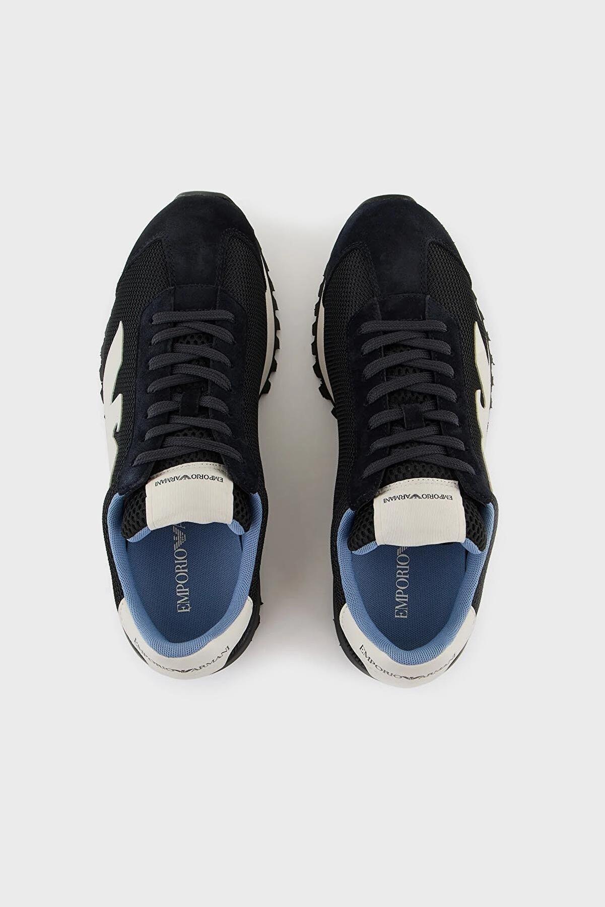 Emporio Armani Emporıo Armani Erkek Marka Logolu Bağcıklı Kaydırmaz Tabanlı Günlük Siyah-Mavi Sneaker X4X583 XN647-T621