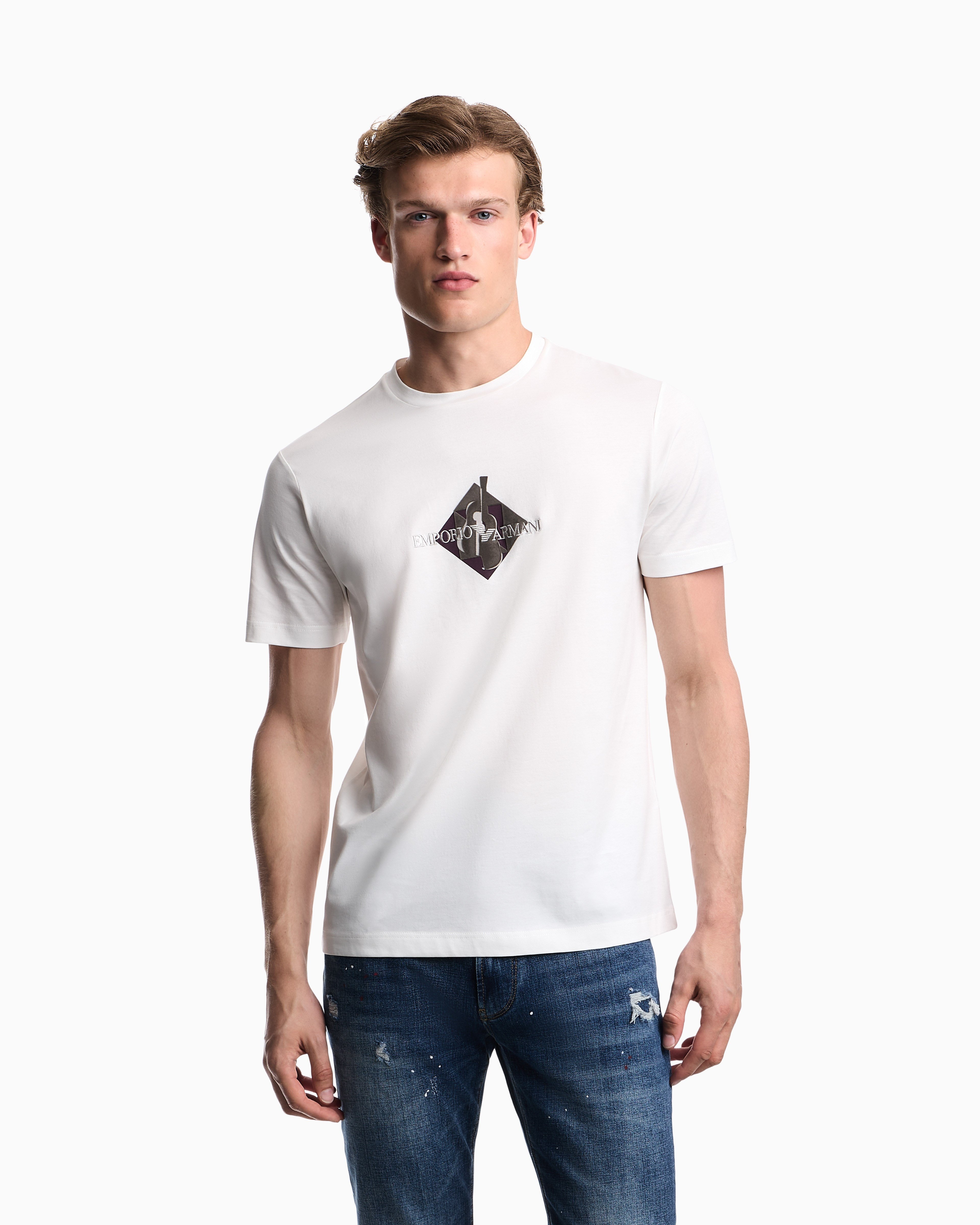 Emporio Armani Emporıo Armani Erkek Nefes Alabilen Pamuklu Jarse Kumaş Desenli Kısa Kollu Beyaz T-Shirt EM006924 AF14795-F0021