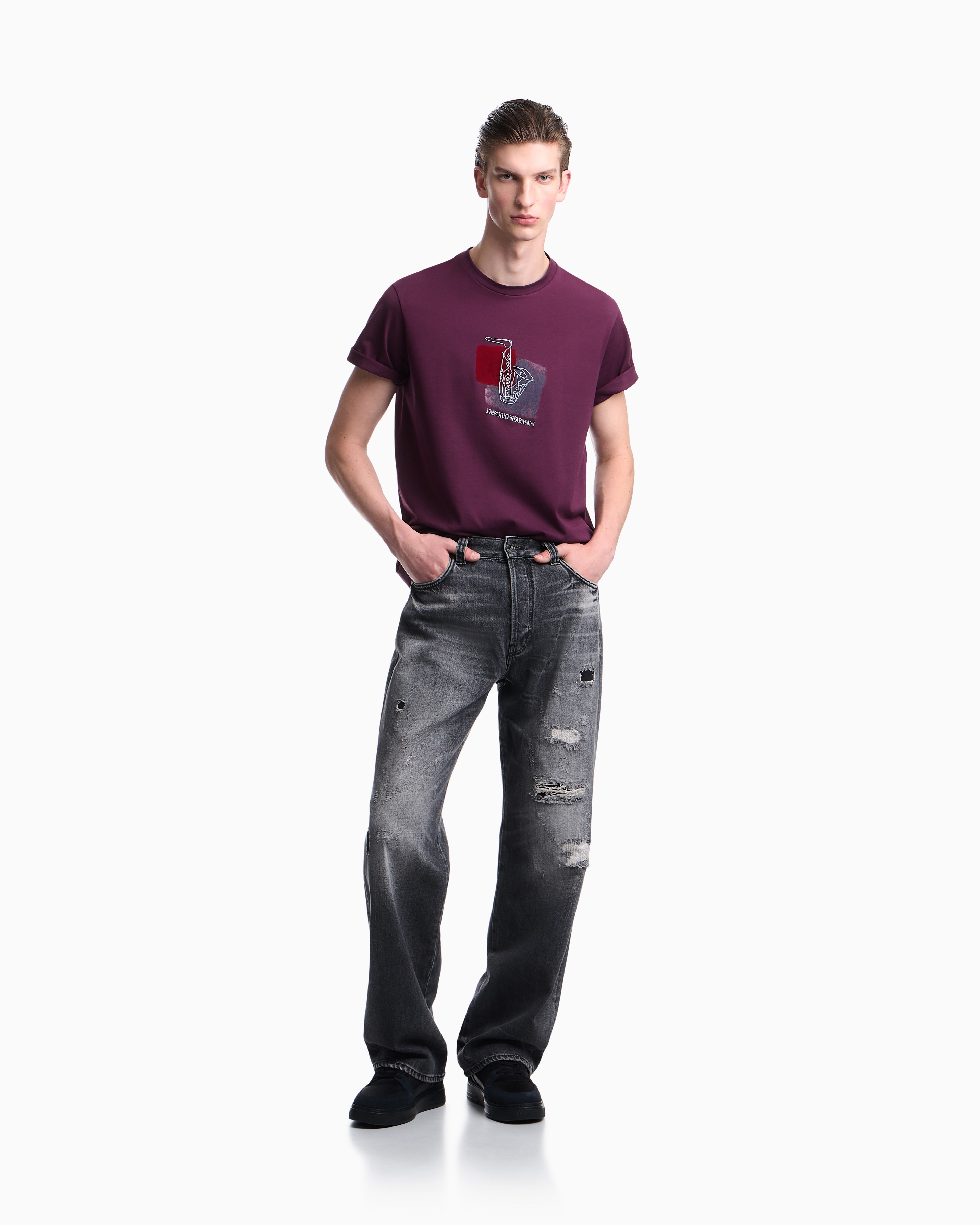 Emporio Armani Emporıo Armani Erkek Nefes Alabilen Pamuklu Jarse Kumaş Desenli Kısa Kollu Mor T-Shirt EM006924 AF14795-FA022