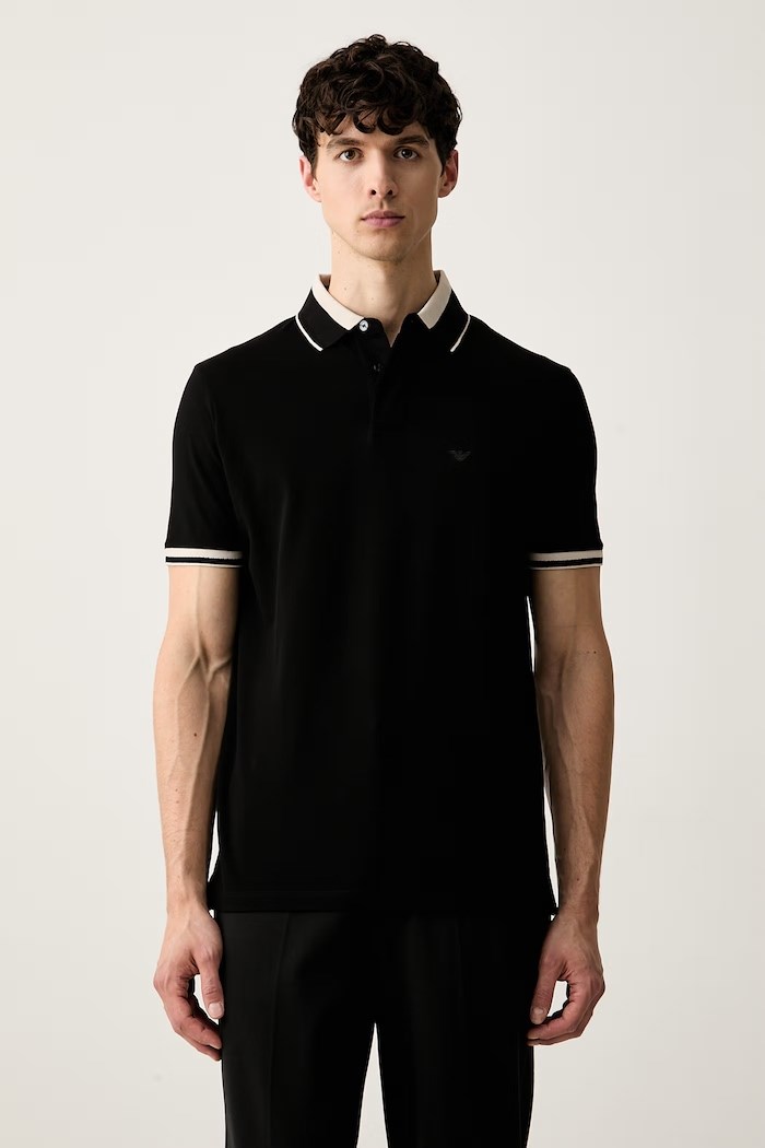 Emporio Armani Emporıo Armani Erkek Normal Kesim Kartal Logo İşlemeli Pamuklu Pike Kumaşlı Kısa Kollu Siyah Polo Yaka T-Shirt EM006625 AF12955-UC001