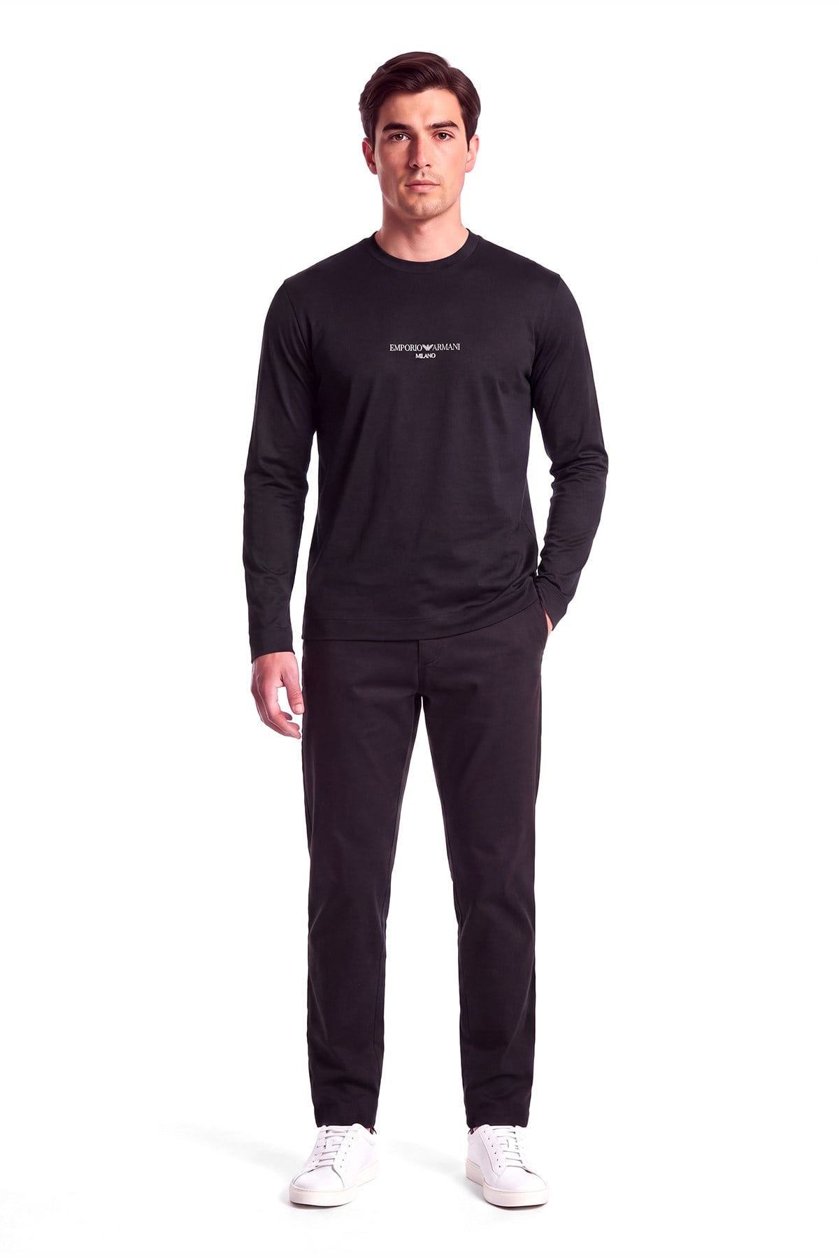 Emporio Armani Emporıo Armani Erkek Normal Kalıp Logo Desenli Bisiklet Yaka Uzun Kollu Siyah1 T-Shirt EM008053 AF10017-MB844