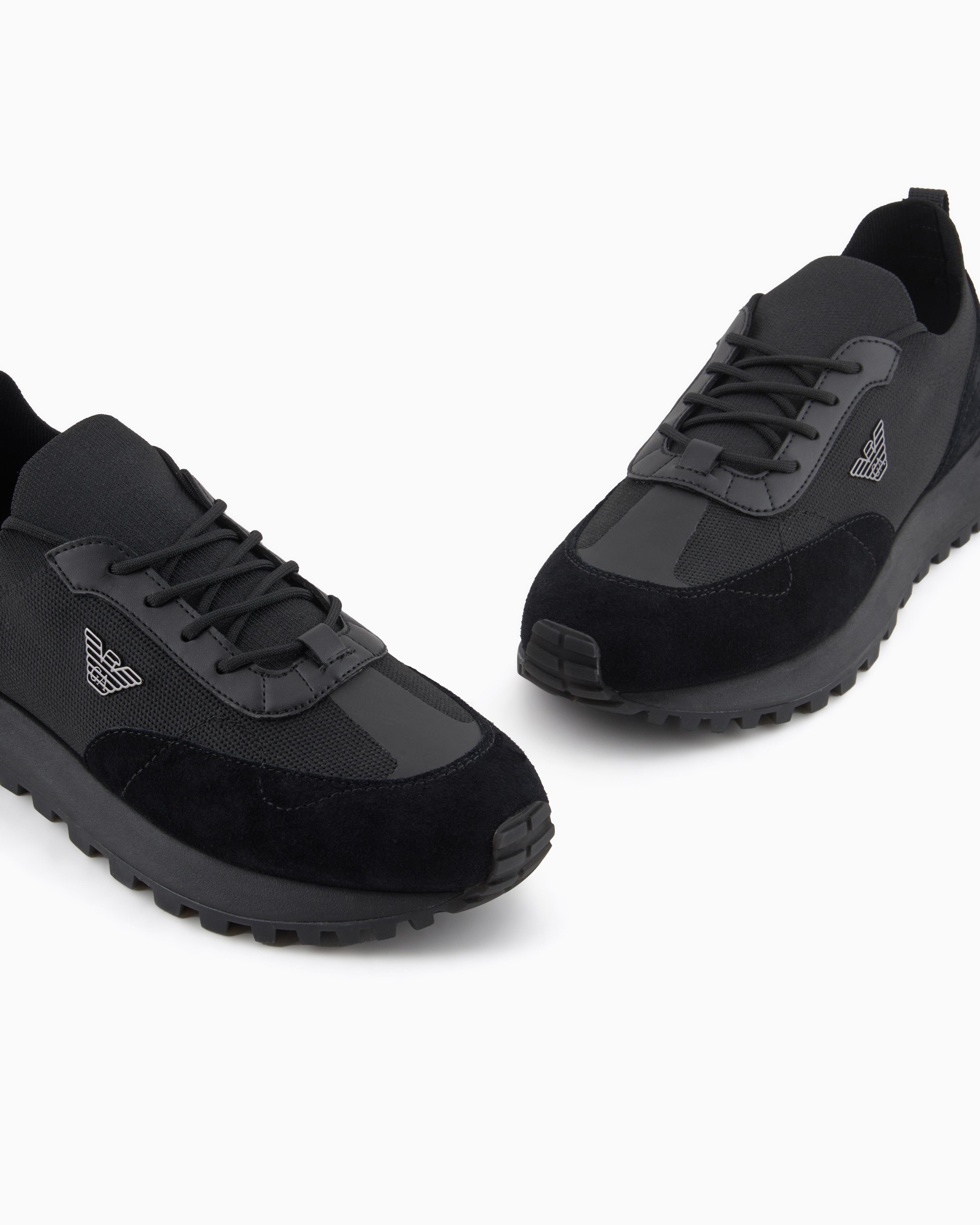 EMPORIO ARMANI Emporıo Armani Erkek Örme ve Süet Detaylı Burunlu Kartal Logolu Yuvarlak Siyah Sneaker EM003739 AF19724-MC005