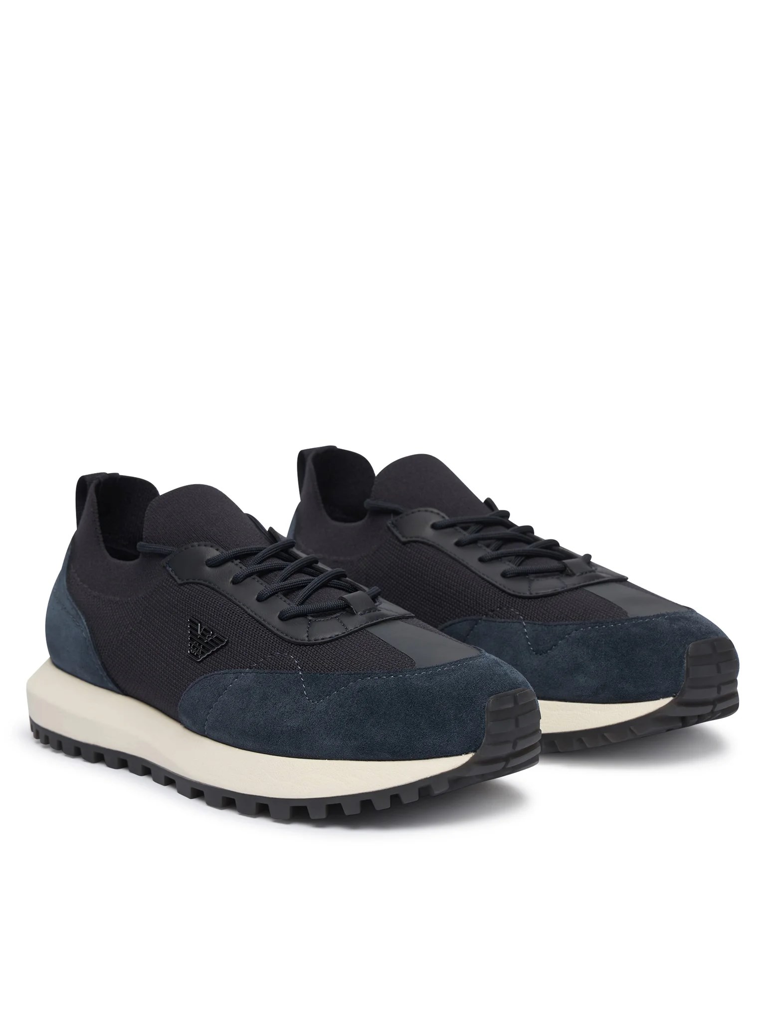 Emporio Armani Emporıo Armani Erkek Örme ve Süet Detaylı Burunlu Kartal Logolu Yuvarlak Lacivert Sneaker EM003739 AF19724-MB562