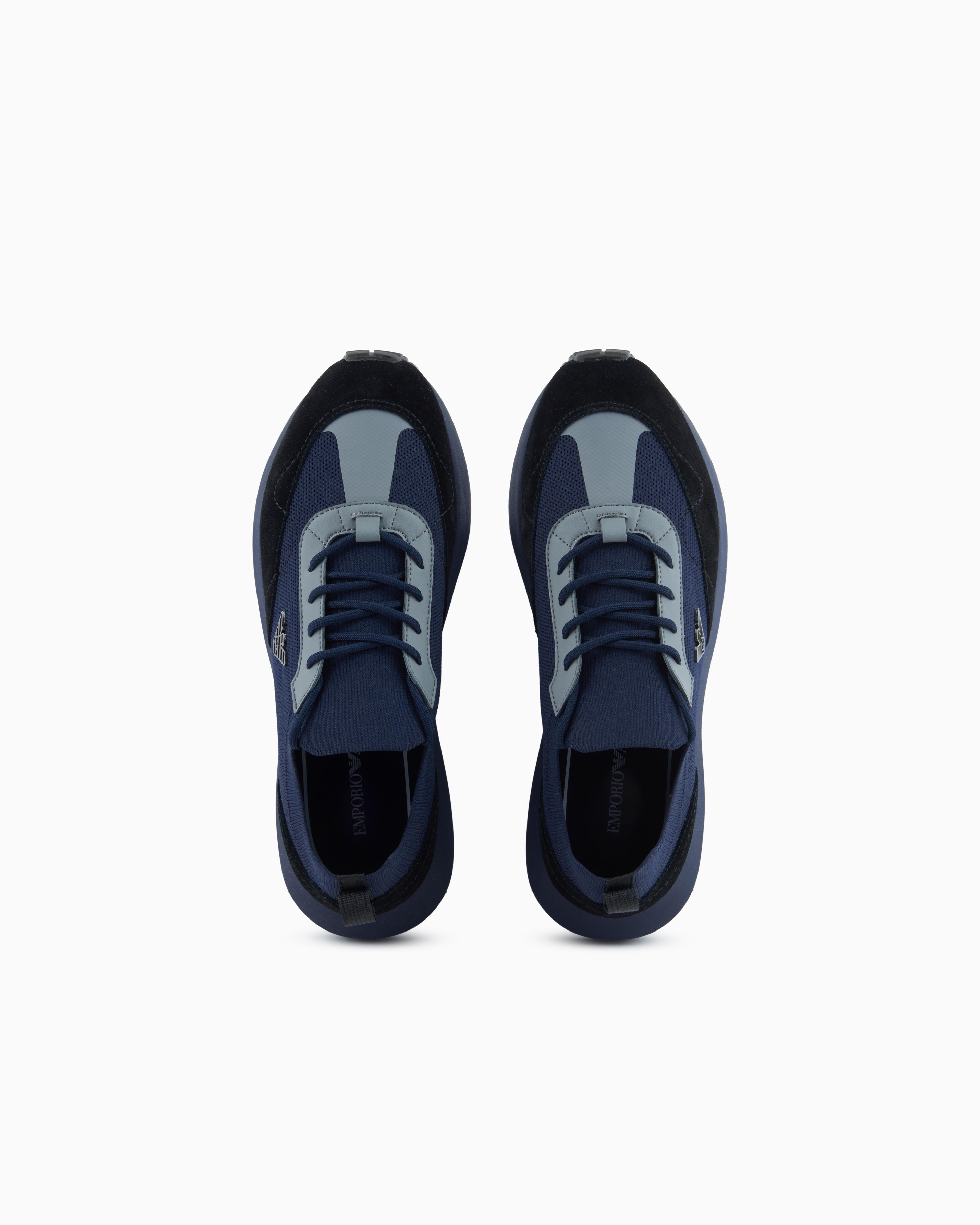 EMPORIO ARMANI Emporıo Armani Erkek Örme ve Süet Detaylı Burunlu Kartal Logolu Yuvarlak Mavi Sneaker EM003739 AF19724-MC038