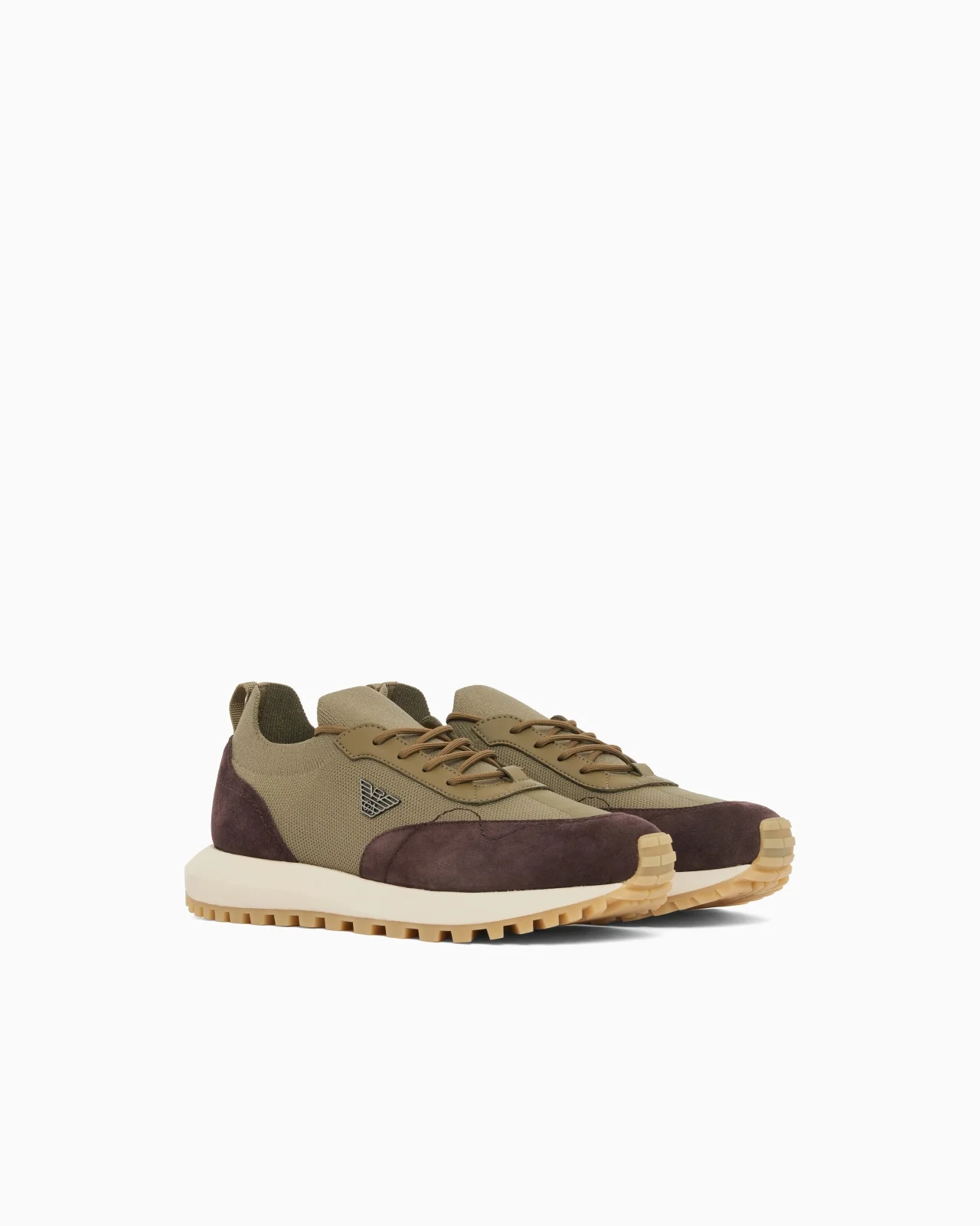 Emporio Armani Emporıo Armani Erkek Örme ve Süet Detaylı Burunlu Kartal Logolu Yuvarlak Haki Sneaker EM003739 AF19724-MZ783