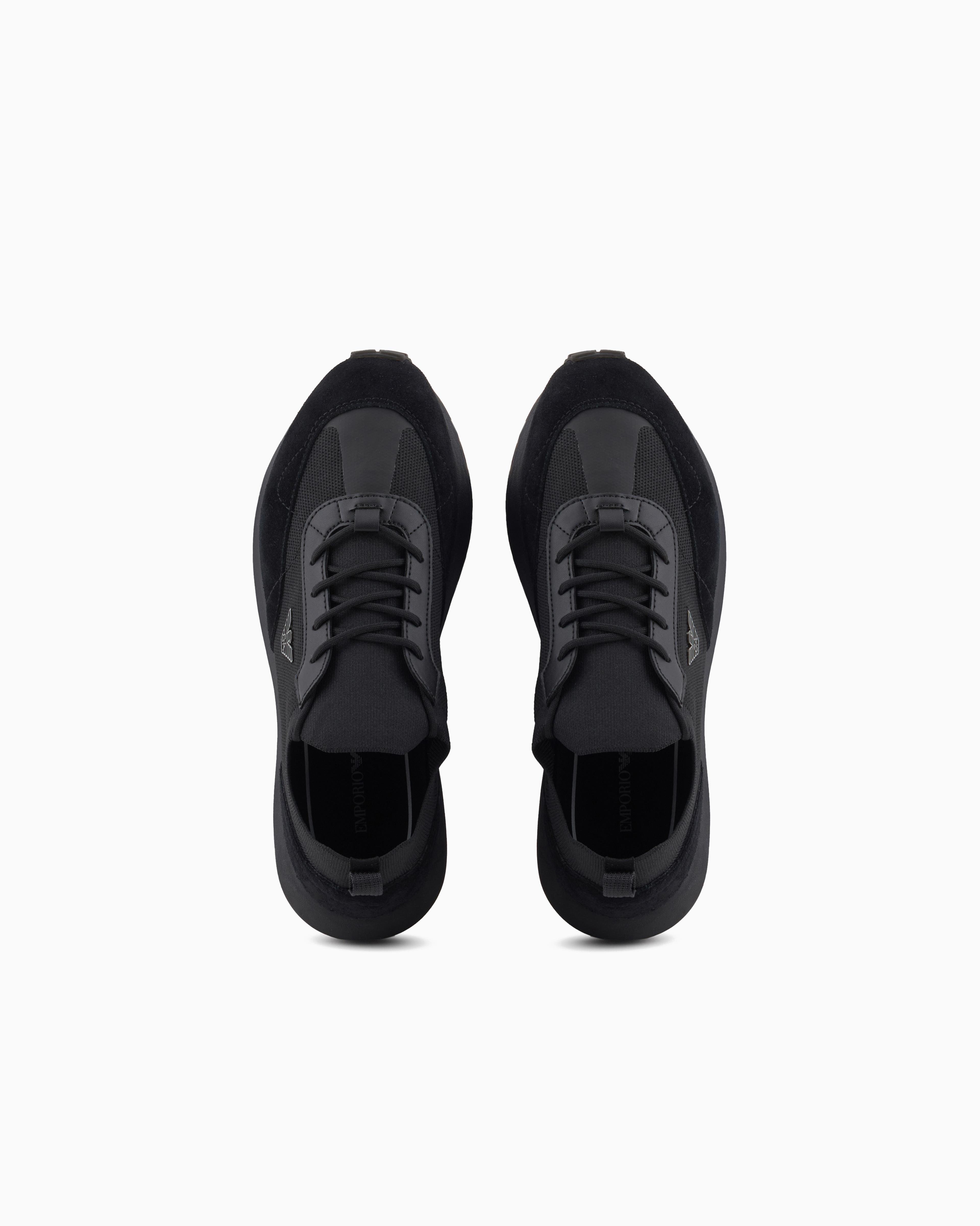 EMPORIO ARMANI Emporıo Armani Erkek Örme ve Süet Detaylı Burunlu Kartal Logolu Yuvarlak Siyah Sneaker EM003739 AF19724-MC005