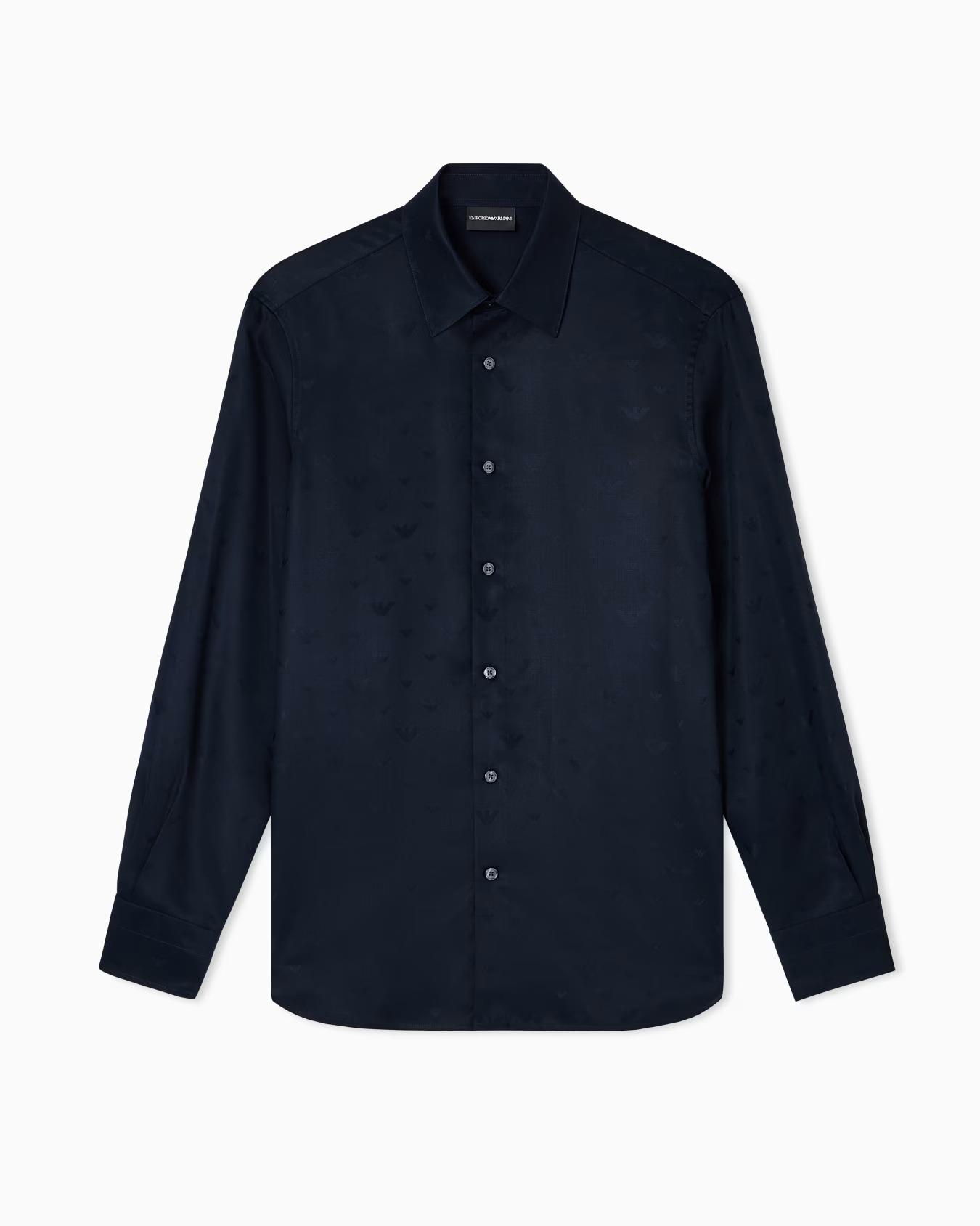 EMPORIO ARMANI Emporıo Armani Erkek Parlak Kumaş Uzun Kol Gömlek Yaka Logo Desenli Lacivert Gömlek EM001537 AF15074-FB322