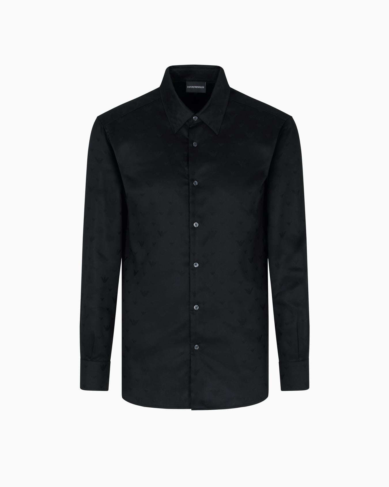 EMPORIO ARMANI Emporıo Armani Erkek Parlak Kumaş Uzun Kol Gömlek Yaka Logo Desenli Siyah Gömlek EM001537 AF15074-FC218
