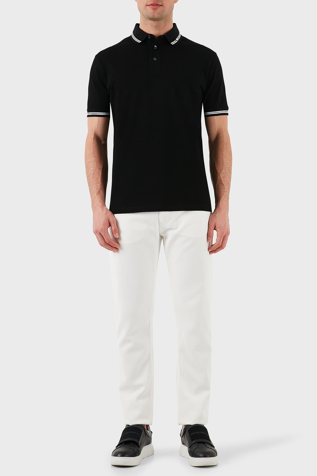 EMPORIO ARMANI Emporıo Armani Erkek Polo Yaka Kısa Kollu Düğmeli Yaka ve Kol Uçları Şerit Detaylı Siyah3 Polo Yaka T-Shirt EM000852 AF12955-FC188