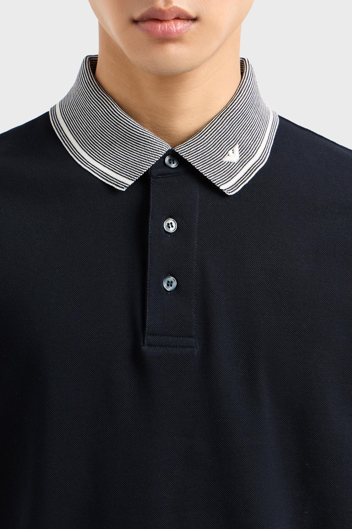 EMPORIO ARMANI Emporıo Armani Erkek Polo Yaka Kısa Kollu Düğmeli Yaka ve Kol Uçları Şerit Detaylı Lacivert Polo Yaka T-Shirt EM000852 AF12955-FB273