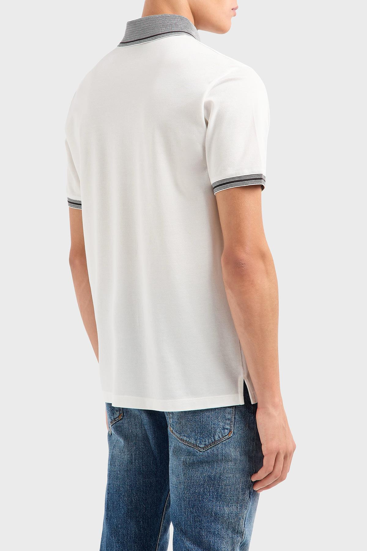 EMPORIO ARMANI Emporıo Armani Erkek Polo Yaka Kısa Kollu Düğmeli Yaka ve Kol Uçları Şerit Detaylı Beyaz1 Polo Yaka T-Shirt EM000852 AF12955-F0068