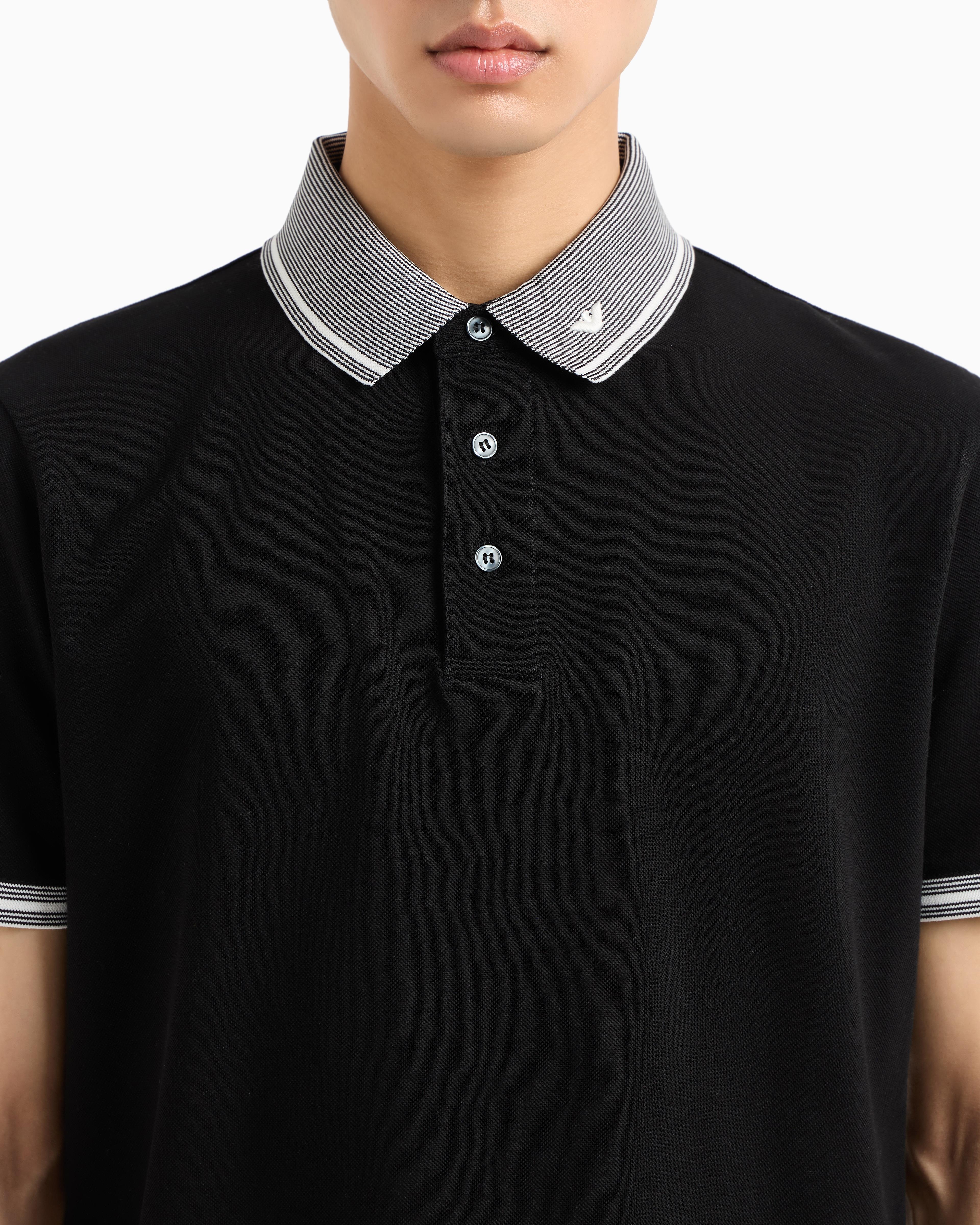 EMPORIO ARMANI Emporıo Armani Erkek Polo Yaka Kısa Kollu Düğmeli Yaka ve Kol Uçları Şerit Detaylı Siyah Polo Yaka T-Shirt EM000852 AF12955-FC187