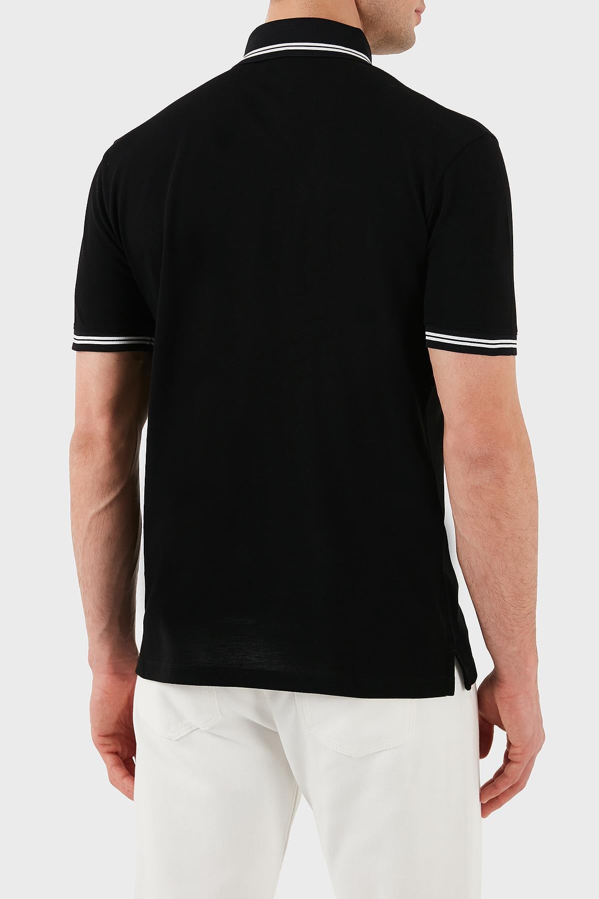 EMPORIO ARMANI Emporıo Armani Erkek Polo Yaka Kısa Kollu Düğmeli Yaka ve Kol Uçları Şerit Detaylı Siyah3 Polo Yaka T-Shirt EM000852 AF12955-FC188