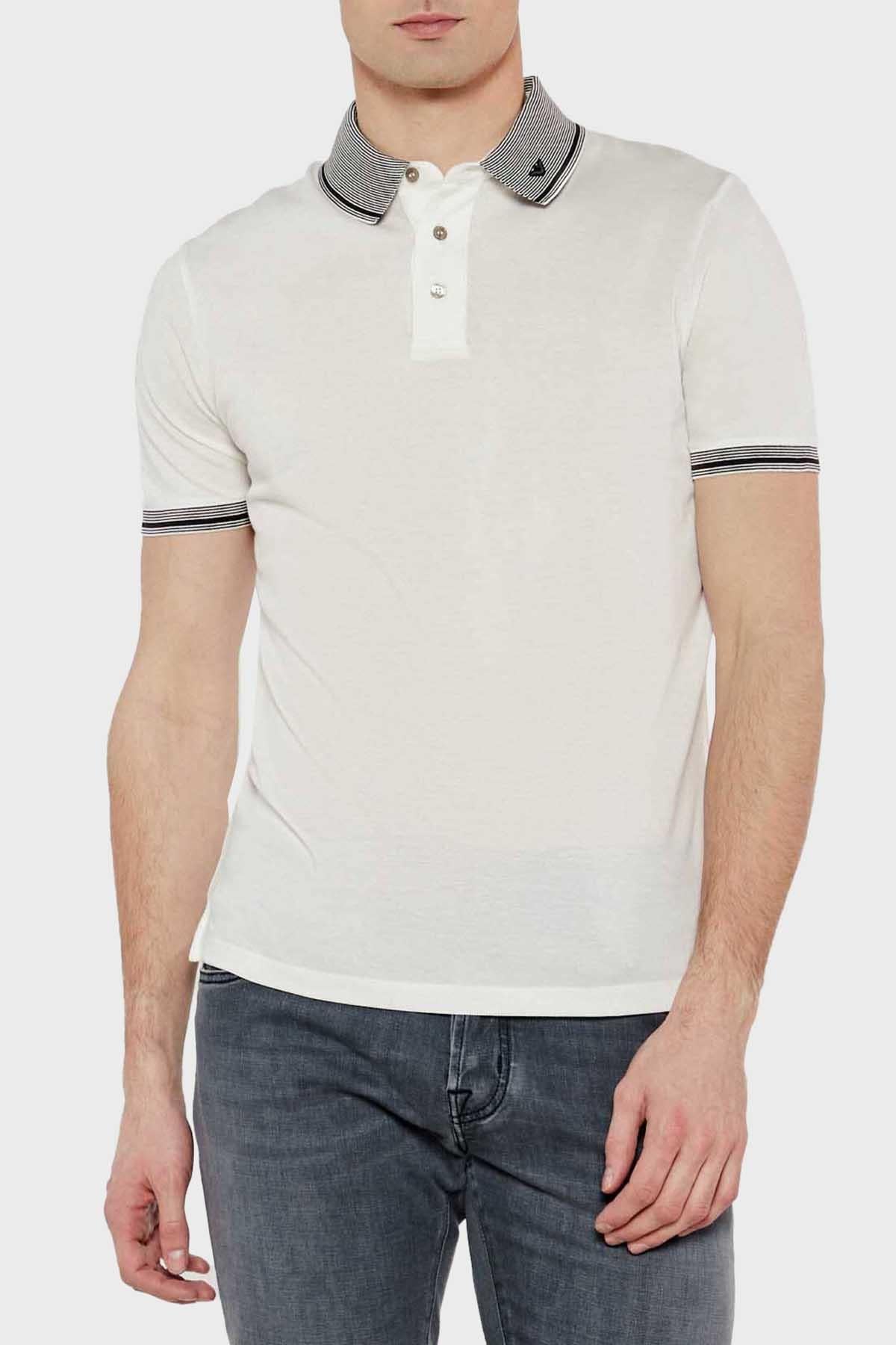 EMPORIO ARMANI Emporıo Armani Erkek Polo Yaka Kısa Kollu Düğmeli Yaka ve Kol Uçları Şerit Detaylı Beyaz Polo Yaka T-Shirt EM000852 AF12955-F0067