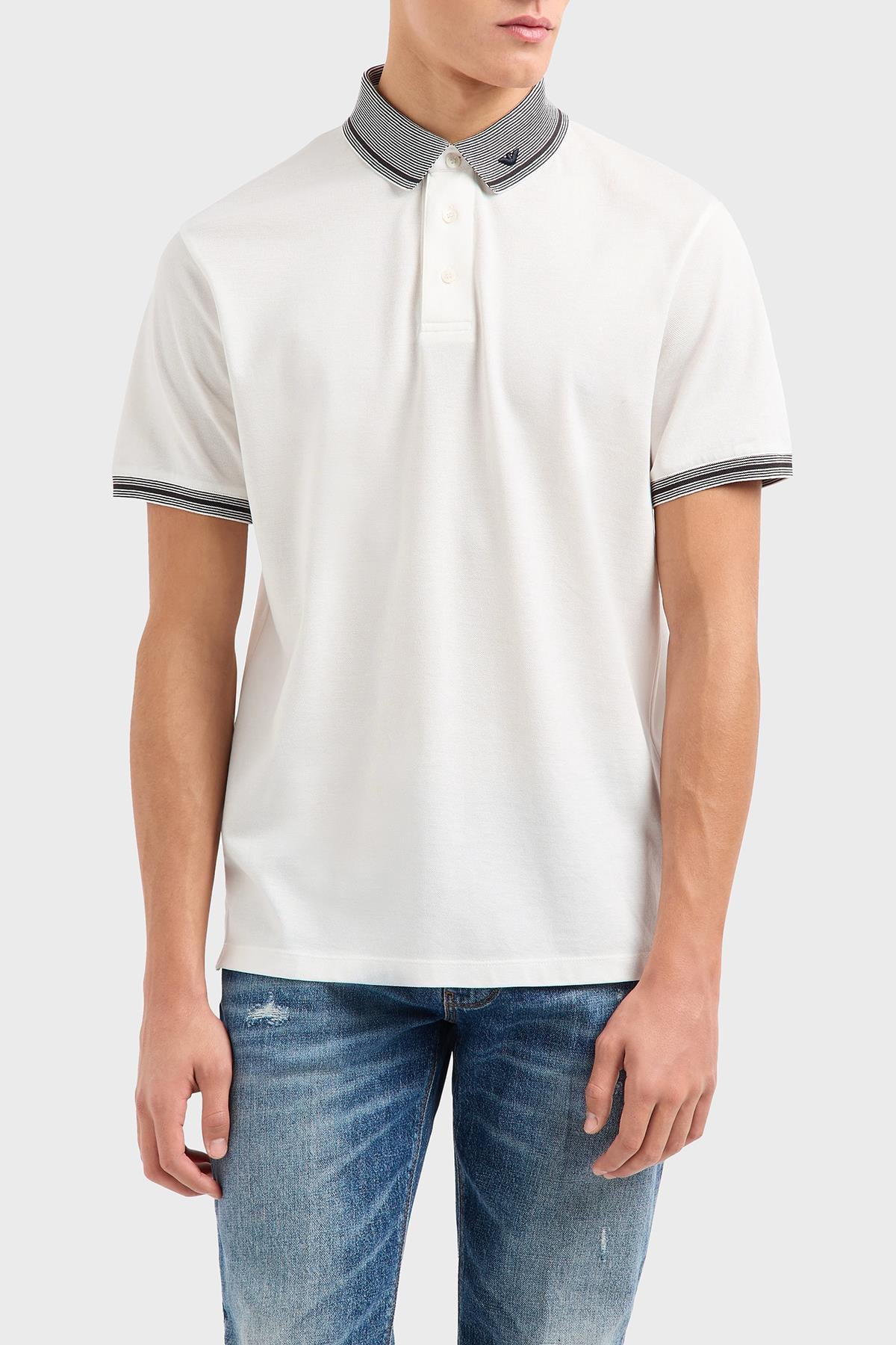 EMPORIO ARMANI Emporıo Armani Erkek Polo Yaka Kısa Kollu Düğmeli Yaka ve Kol Uçları Şerit Detaylı Beyaz1 Polo Yaka T-Shirt EM000852 AF12955-F0068