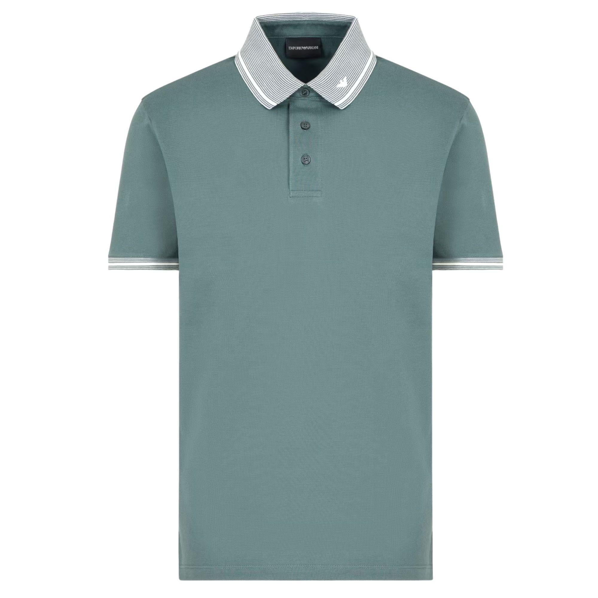 EMPORIO ARMANI Emporıo Armani Erkek Polo Yaka Kısa Kollu Düğmeli Yaka ve Kol Uçları Şerit Detaylı Yeşil Polo Yaka T-Shirt EM000852 AF12955-F9047