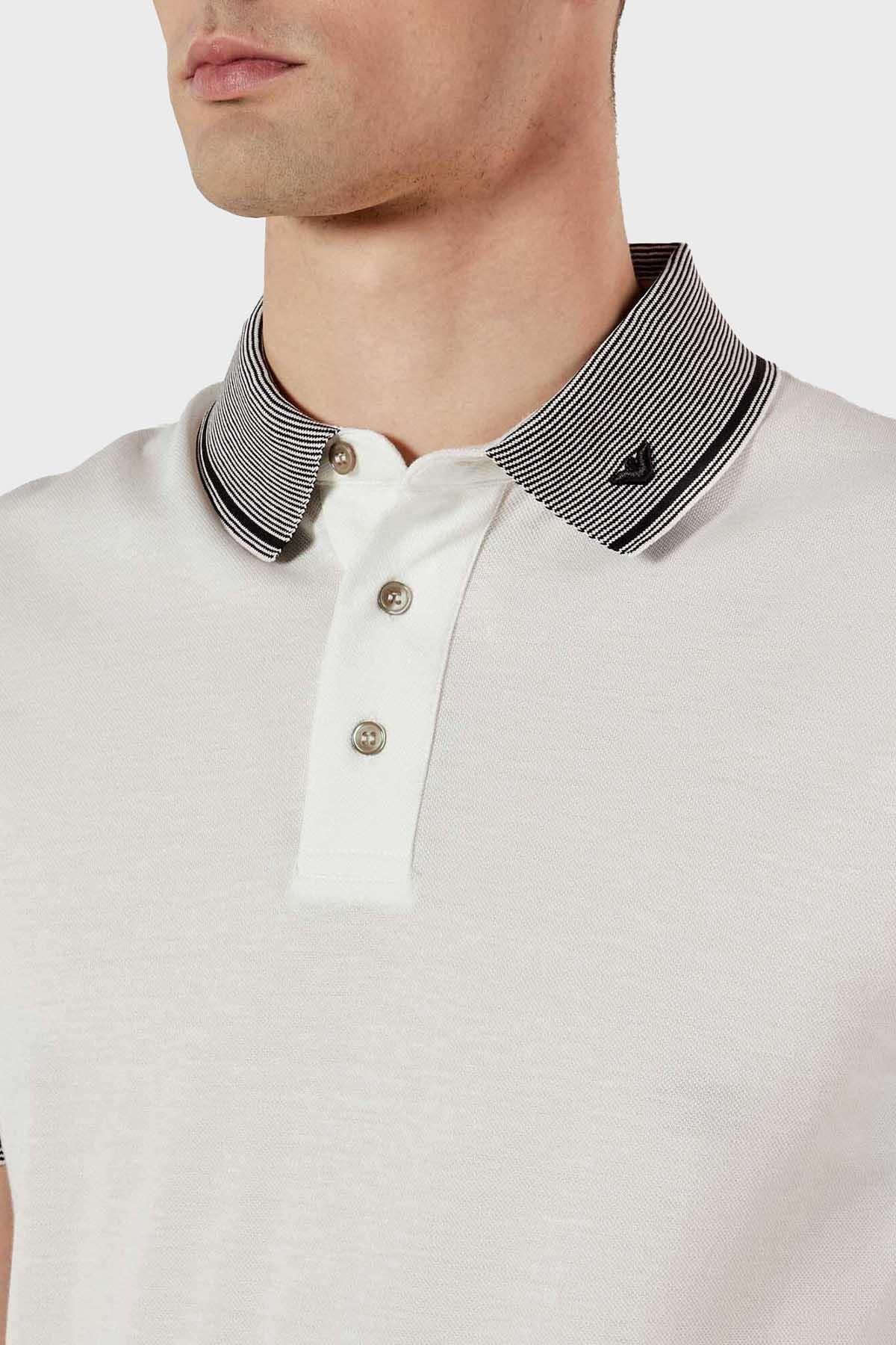 EMPORIO ARMANI Emporıo Armani Erkek Polo Yaka Kısa Kollu Düğmeli Yaka ve Kol Uçları Şerit Detaylı Beyaz Polo Yaka T-Shirt EM000852 AF12955-F0067
