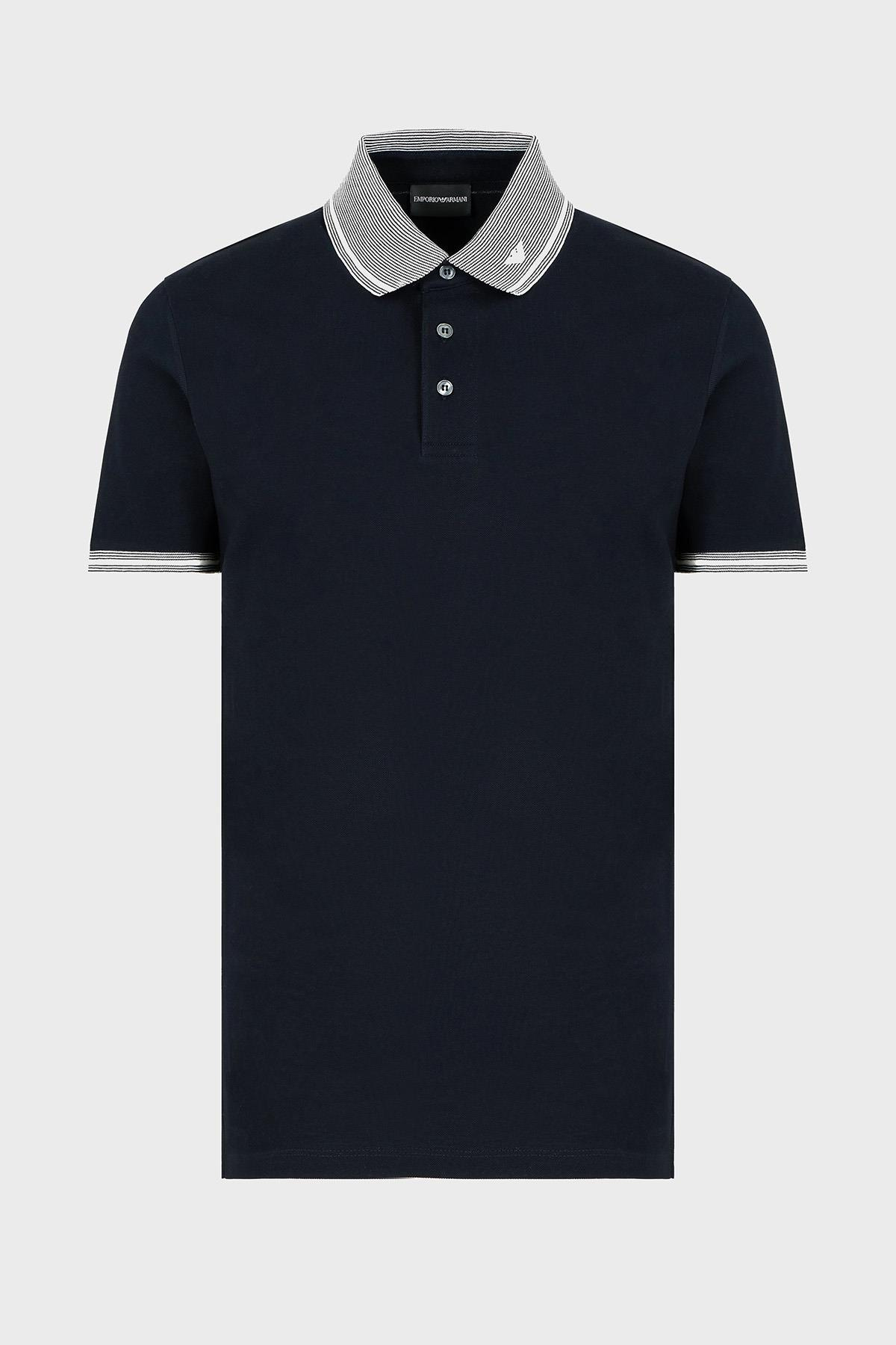 EMPORIO ARMANI Emporıo Armani Erkek Polo Yaka Kısa Kollu Düğmeli Yaka ve Kol Uçları Şerit Detaylı Lacivert Polo Yaka T-Shirt EM000852 AF12955-FB273