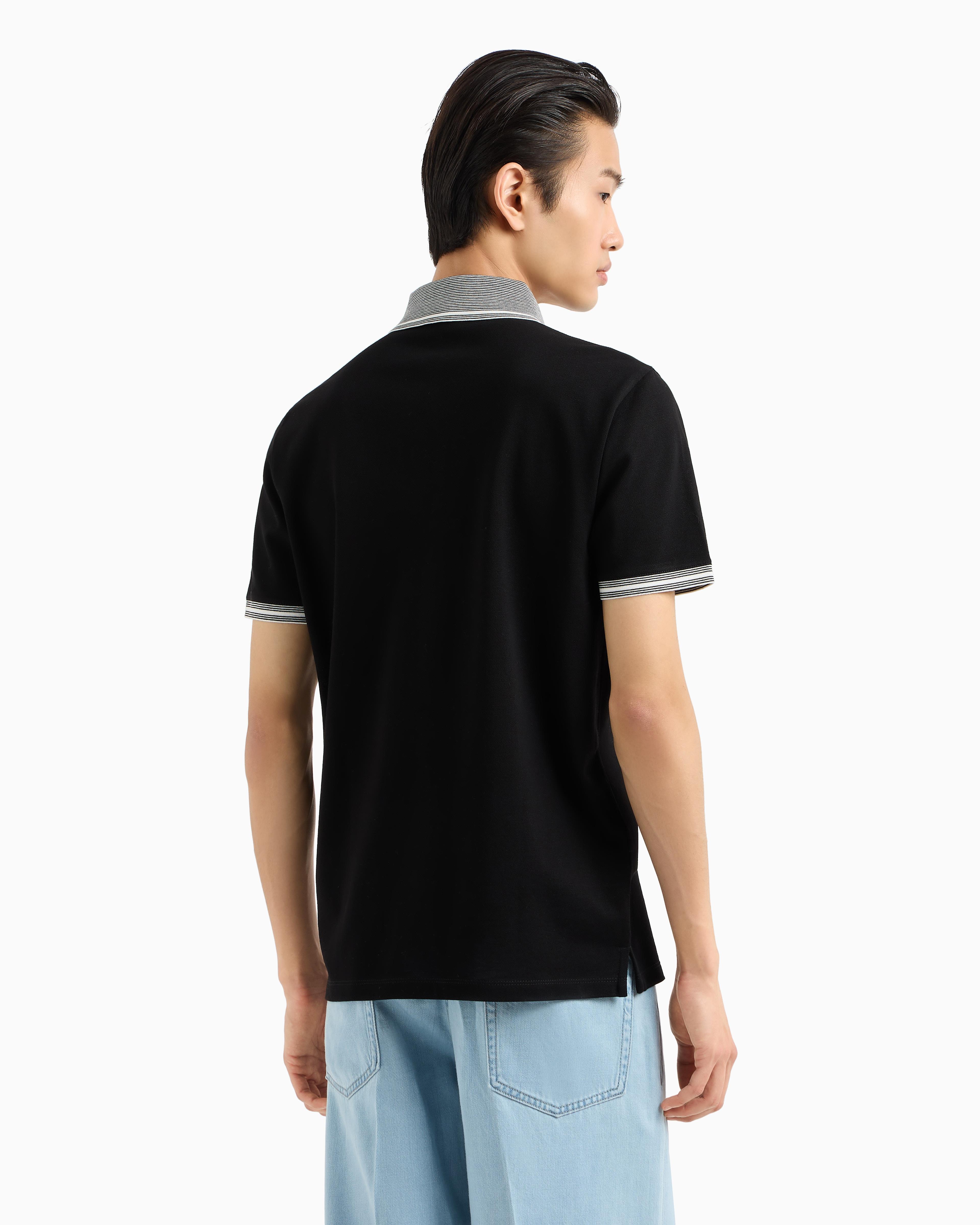 EMPORIO ARMANI Emporıo Armani Erkek Polo Yaka Kısa Kollu Düğmeli Yaka ve Kol Uçları Şerit Detaylı Siyah Polo Yaka T-Shirt EM000852 AF12955-FC187