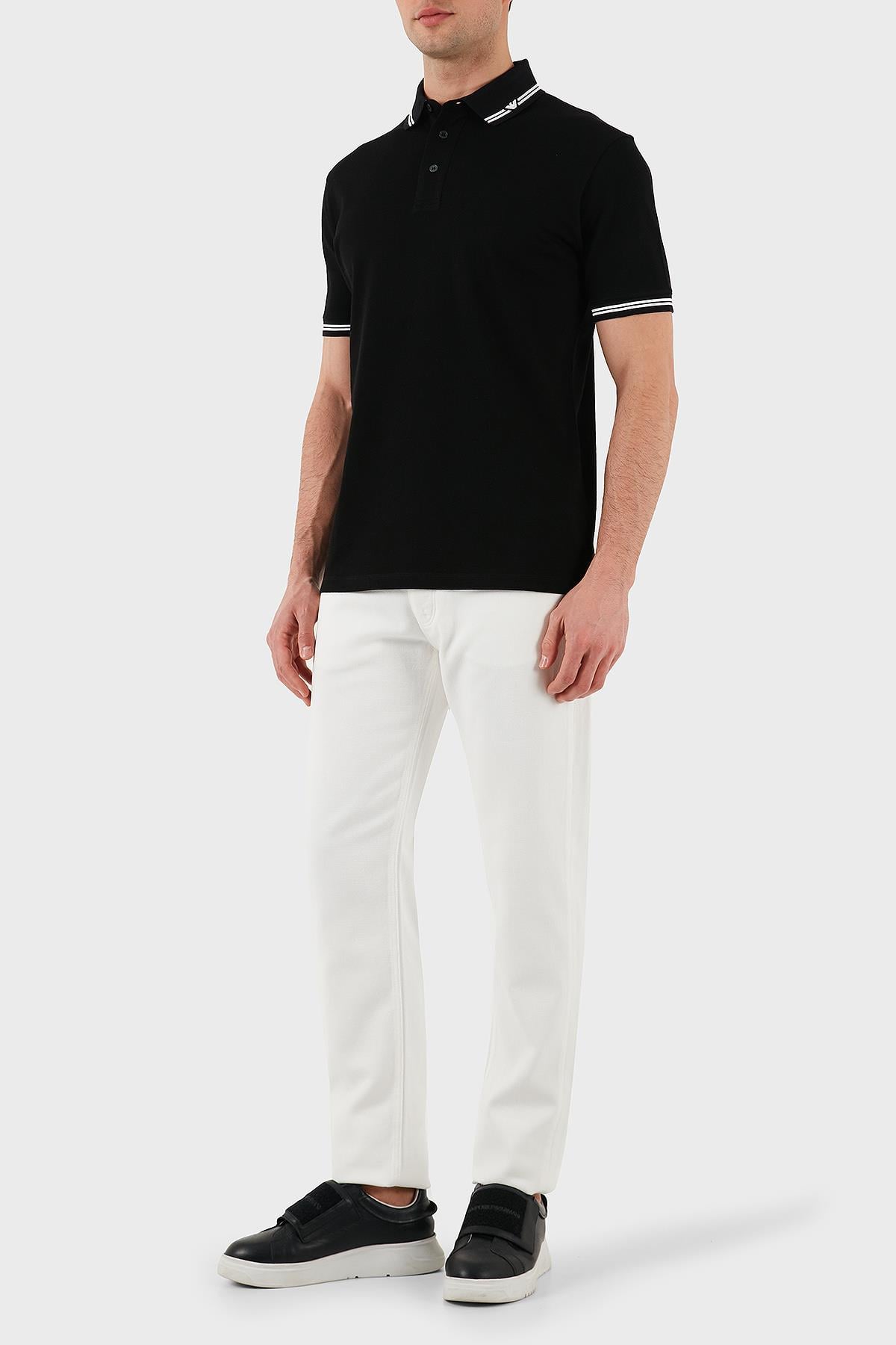 EMPORIO ARMANI Emporıo Armani Erkek Polo Yaka Kısa Kollu Düğmeli Yaka ve Kol Uçları Şerit Detaylı Siyah3 Polo Yaka T-Shirt EM000852 AF12955-FC188