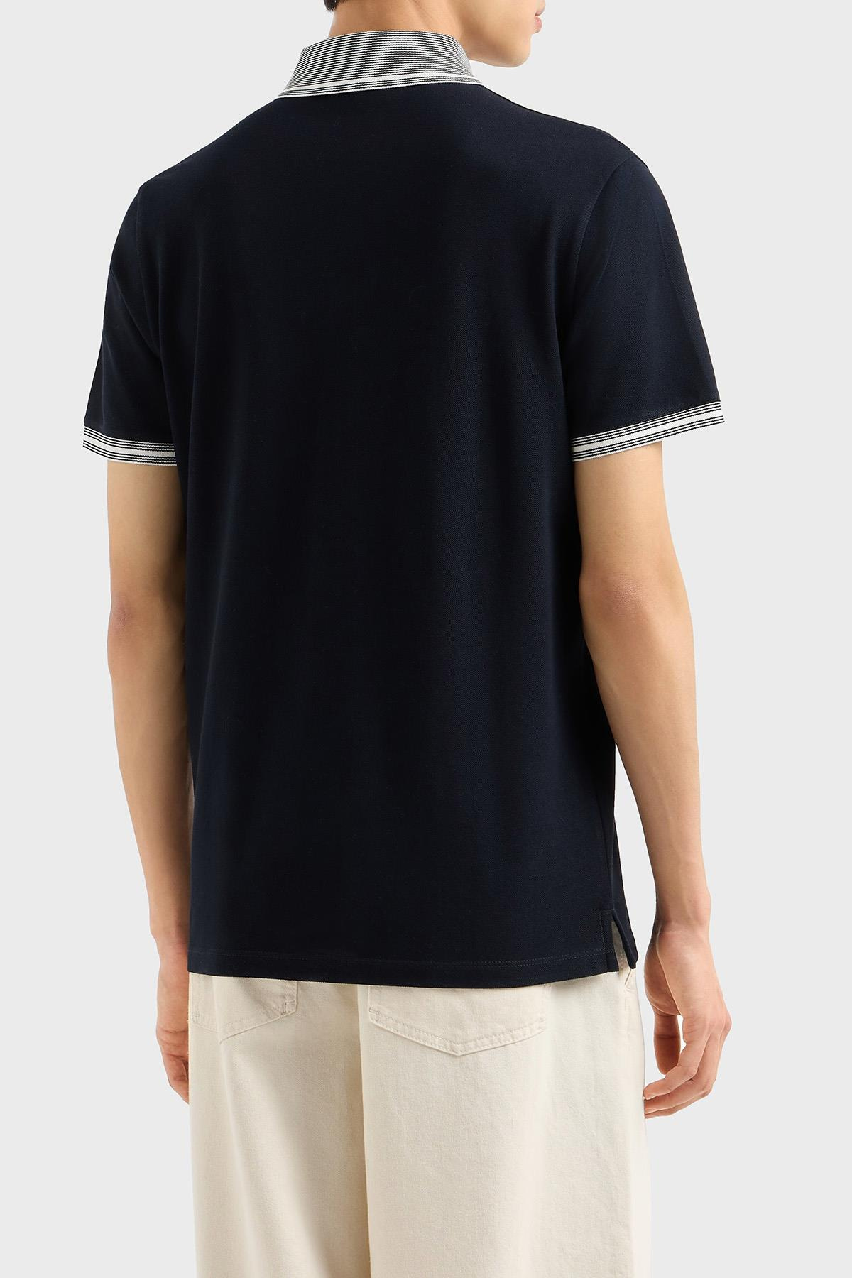 EMPORIO ARMANI Emporıo Armani Erkek Polo Yaka Kısa Kollu Düğmeli Yaka ve Kol Uçları Şerit Detaylı Lacivert Polo Yaka T-Shirt EM000852 AF12955-FB273