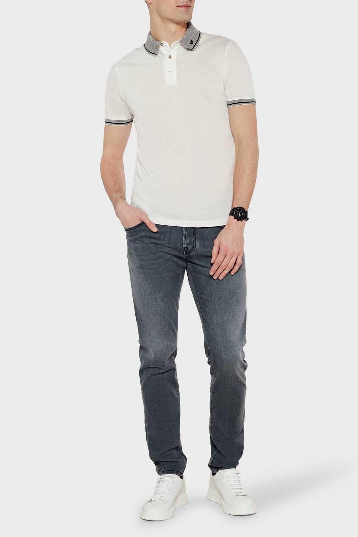 EMPORIO ARMANI Emporıo Armani Erkek Polo Yaka Kısa Kollu Düğmeli Yaka ve Kol Uçları Şerit Detaylı Beyaz Polo Yaka T-Shirt EM000852 AF12955-F0067