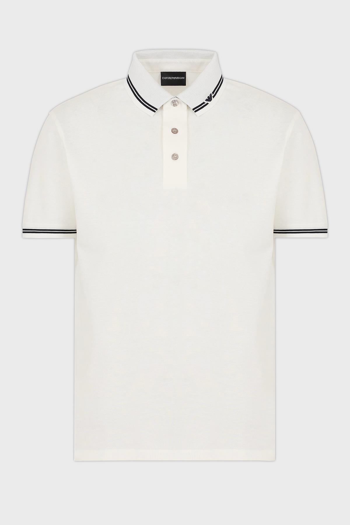 EMPORIO ARMANI Emporıo Armani Erkek Polo Yaka Kısa Kollu Düğmeli Yaka ve Kol Uçları Şerit Detaylı Beyaz1 Polo Yaka T-Shirt EM000852 AF12955-F0068