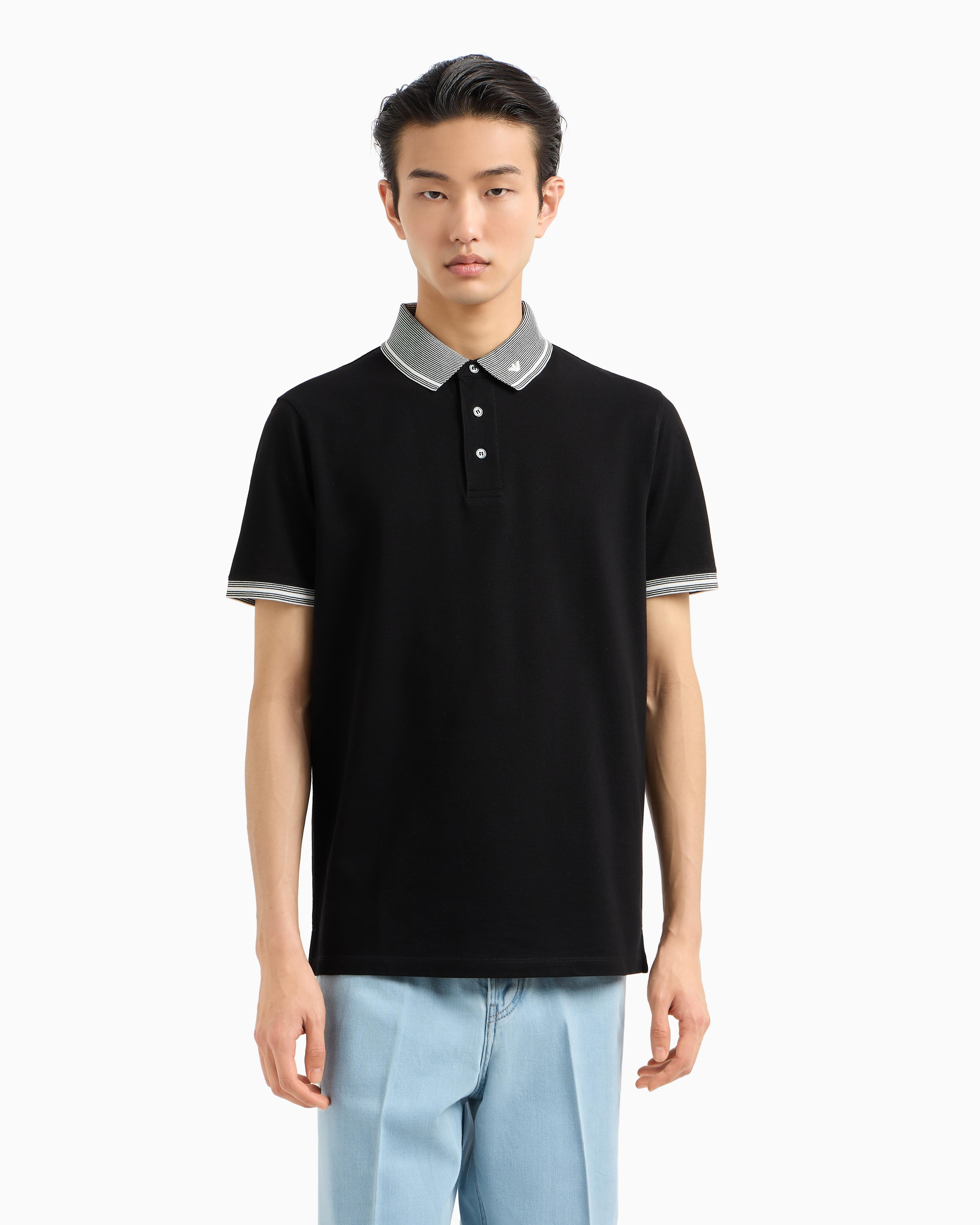 EMPORIO ARMANI Emporıo Armani Erkek Polo Yaka Kısa Kollu Düğmeli Yaka ve Kol Uçları Şerit Detaylı Siyah Polo Yaka T-Shirt EM000852 AF12955-FC187