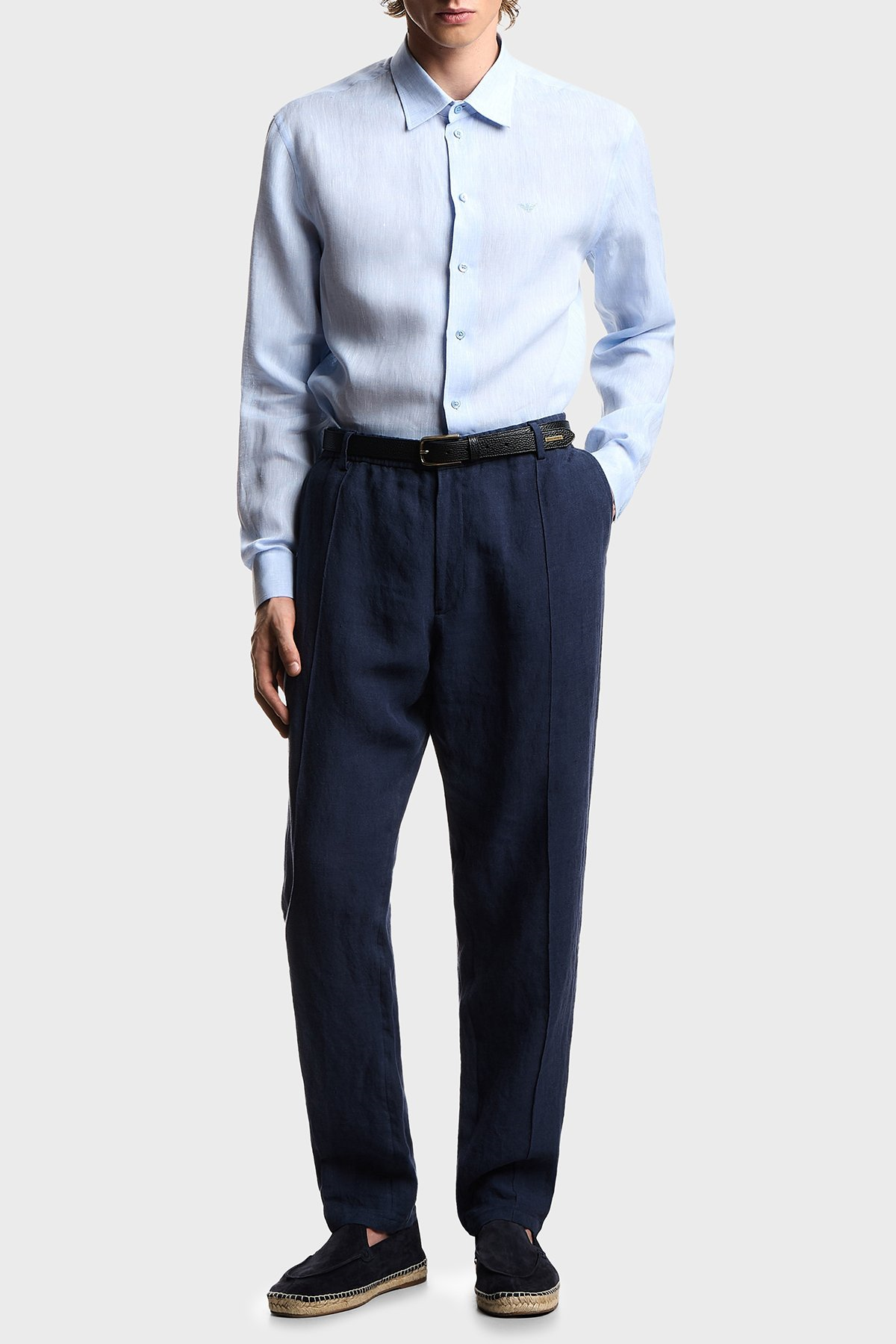 Emporio Armani Emporıo Armani Erkek Regular Fit %100 Keten Kartal Logolu Uzun Kollu Mavi Gömlek EM000099 TE10157-O9002