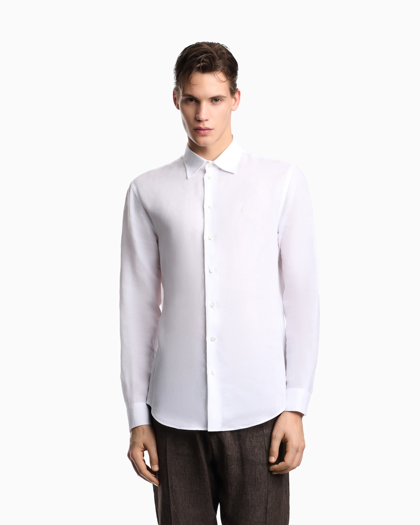 Emporio Armani Emporıo Armani Erkek Regular Fit %100 Keten Kartal Logolu Uzun Kollu Beyaz Gömlek EM000099 TE10157-U0002