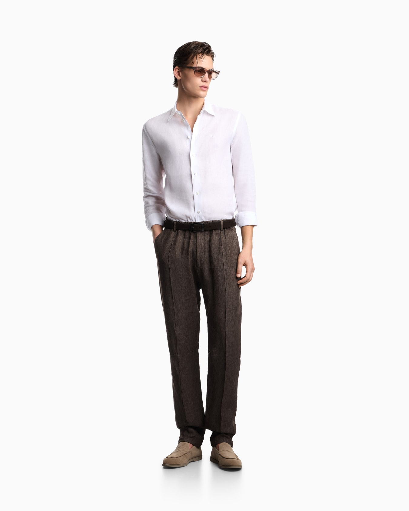 Emporio Armani Emporıo Armani Erkek Regular Fit %100 Keten Kartal Logolu Uzun Kollu Beyaz Gömlek EM000099 TE10157-U0002