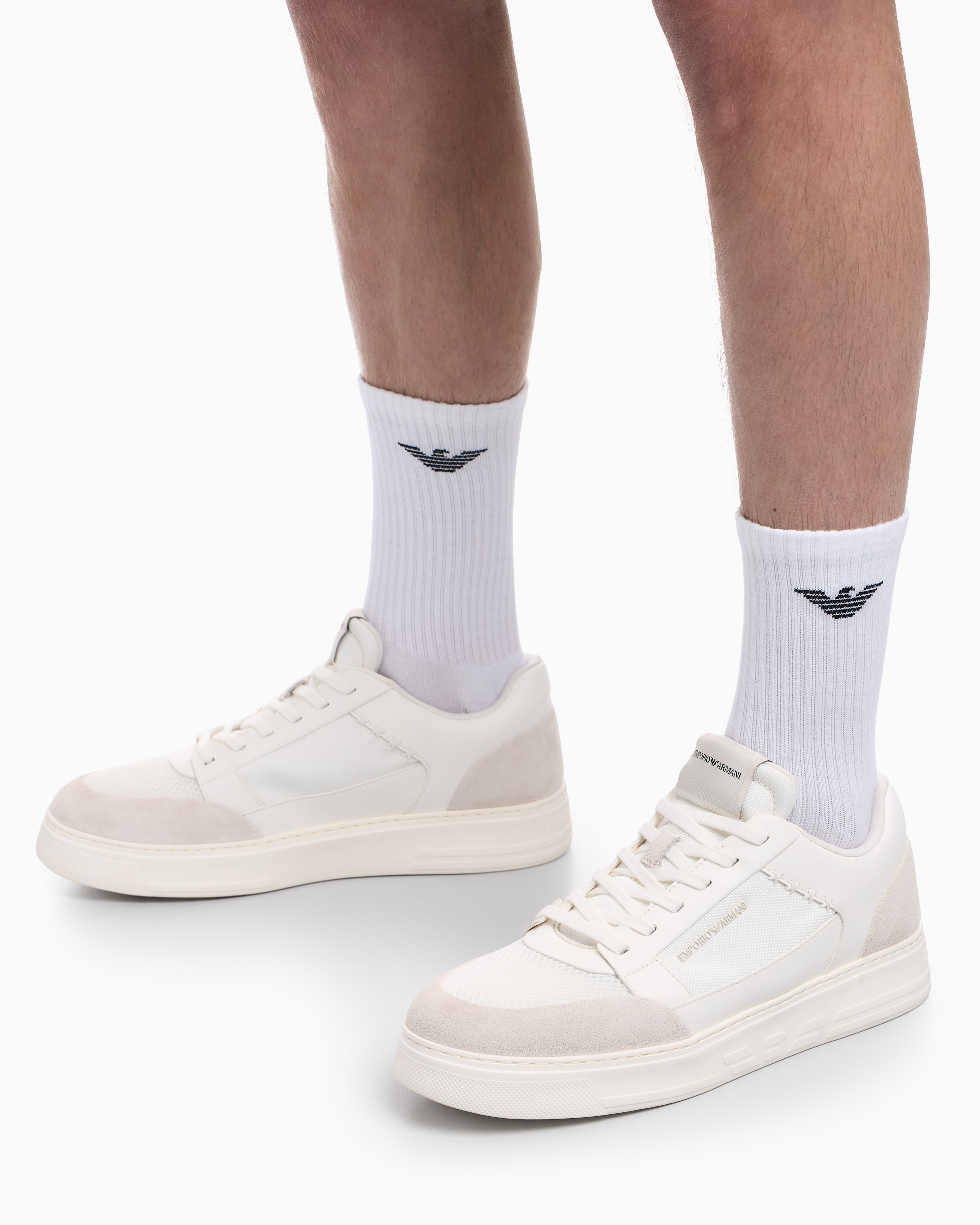 Emporio Armani Emporıo Armani Erkek Süet Ve File Detaylar Bağcıklı Kauçuk Taban Beyaz Sneaker EM004836 AF24321-M0360