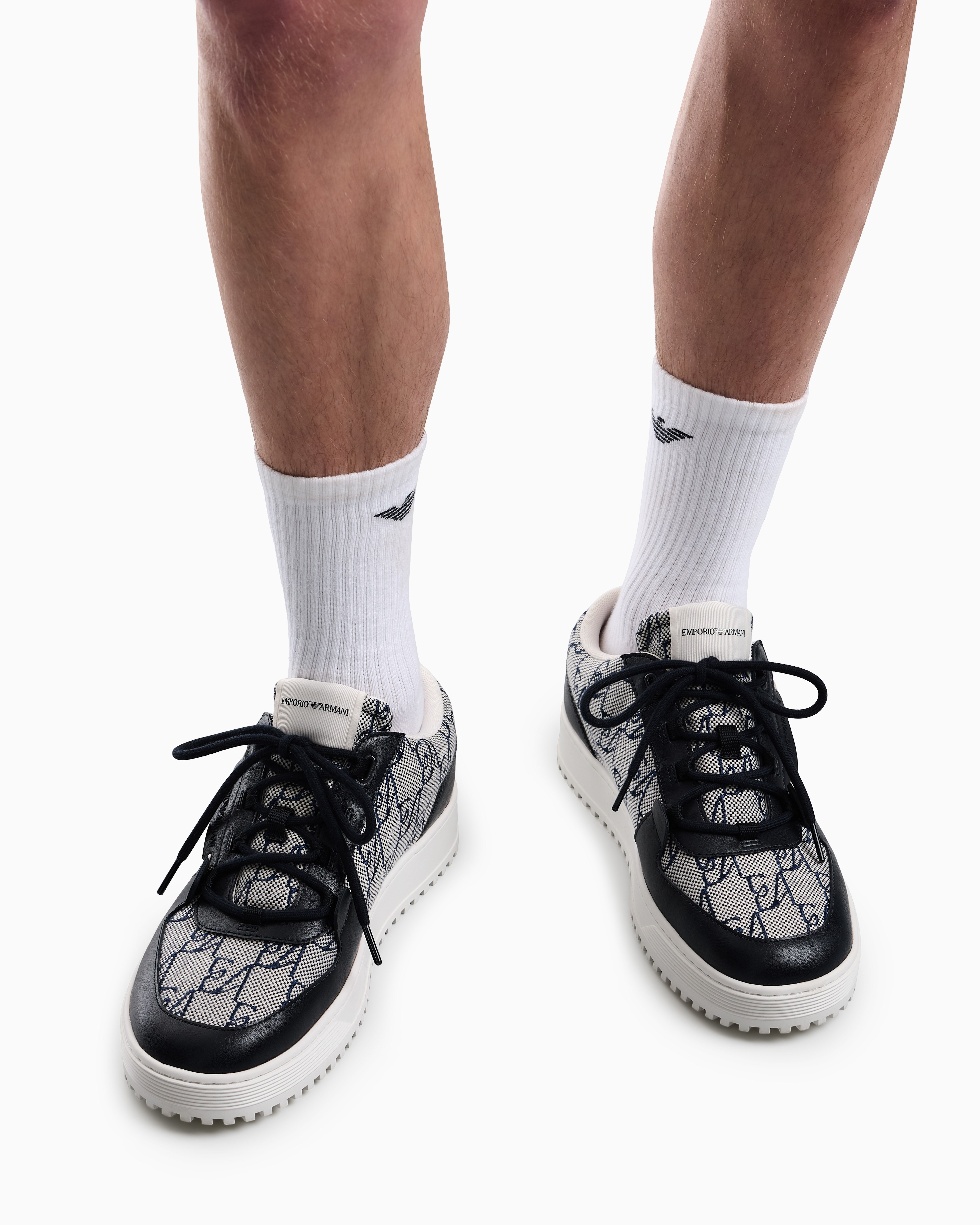Emporio Armani Emporıo Armani Erkek Üst Kısım Tasarımcı Monogram Desen Deri Bağcıklı Lacivert Sneaker EM007326 AF29506-MB659