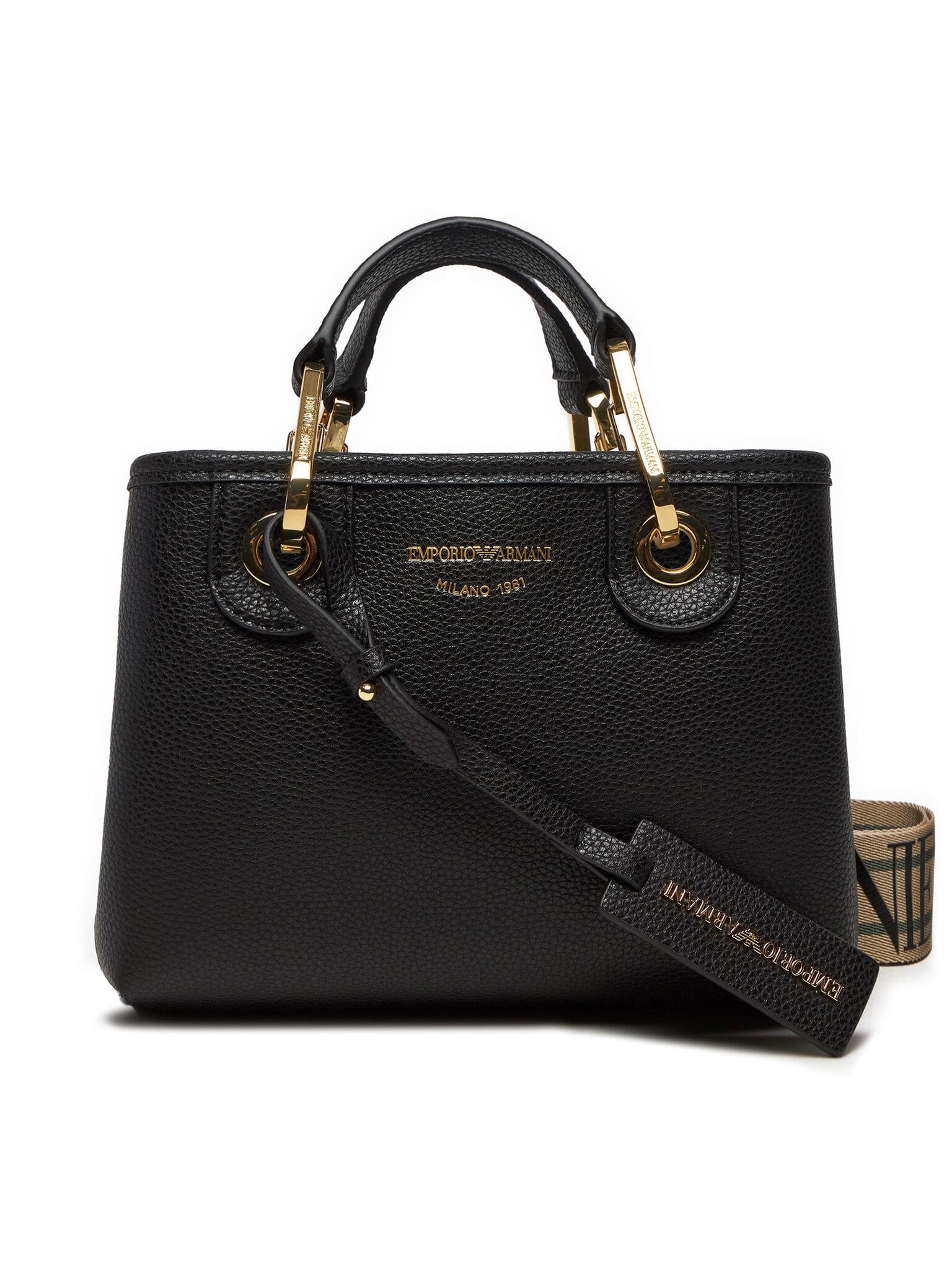 EMPORIO ARMANI Emporıo Armani Kadın Askı EA Yazı Desenli Geniş Kullanım Metal Detaylı El Tutma Bölümü Siyah Omuz Çantası EW000382 AF12103-MC032