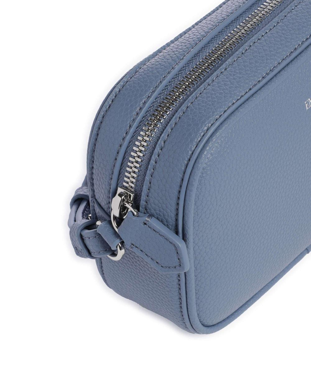 EMPORIO ARMANI Emporıo Armani Kadın Deri Tek Fermuar Kapamalı Askı Marka Yazı Desenli Mavi-Gri Omuz Çantası EW000537 AF12036-M8128