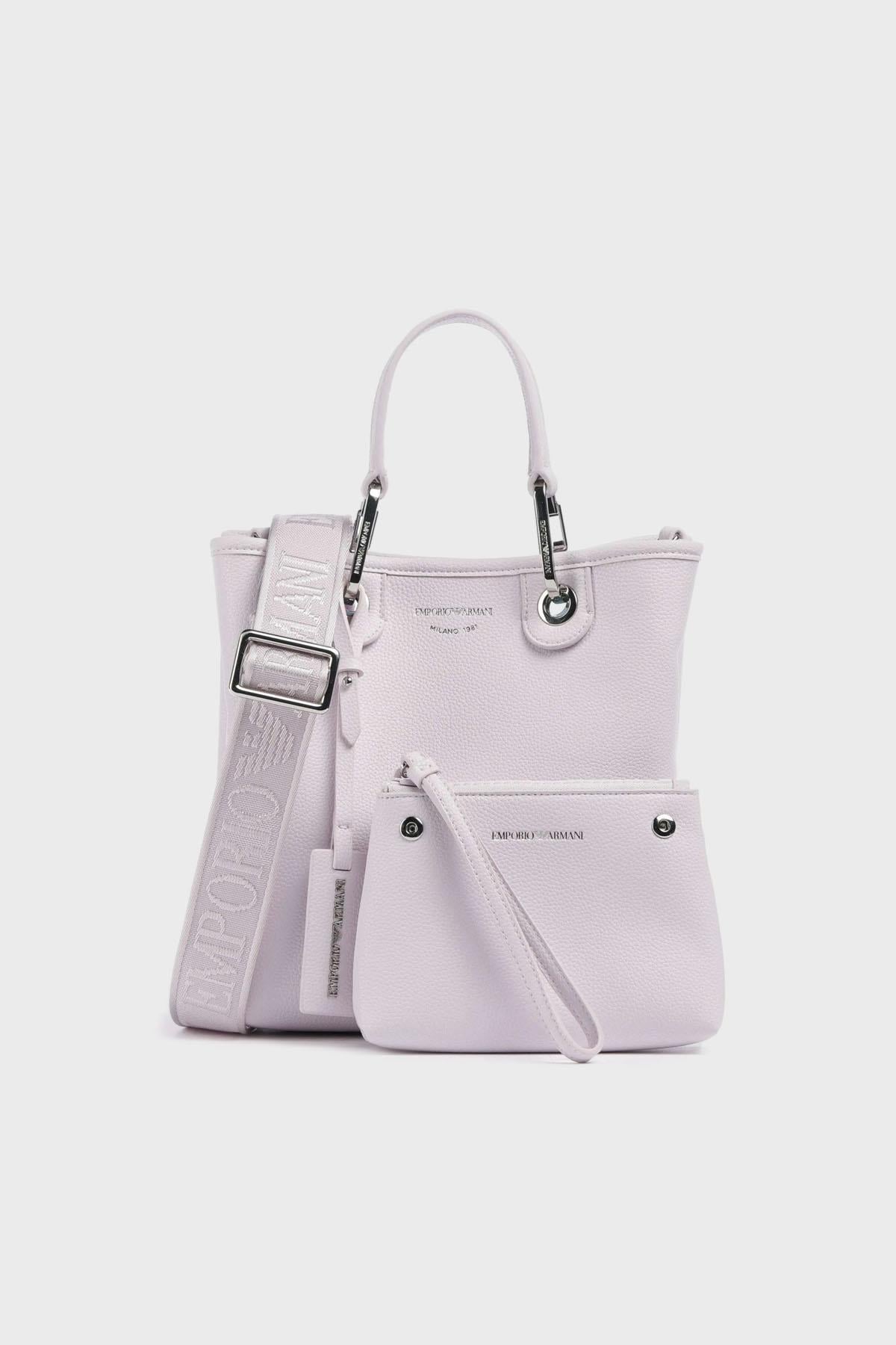 EMPORIO ARMANI Emporıo Armani Kadın Geniş Deri Kısa El Tutma Uzun Logo Detaylı Askı Pembe Omuz Çantası EW000362 AF12036-M4033