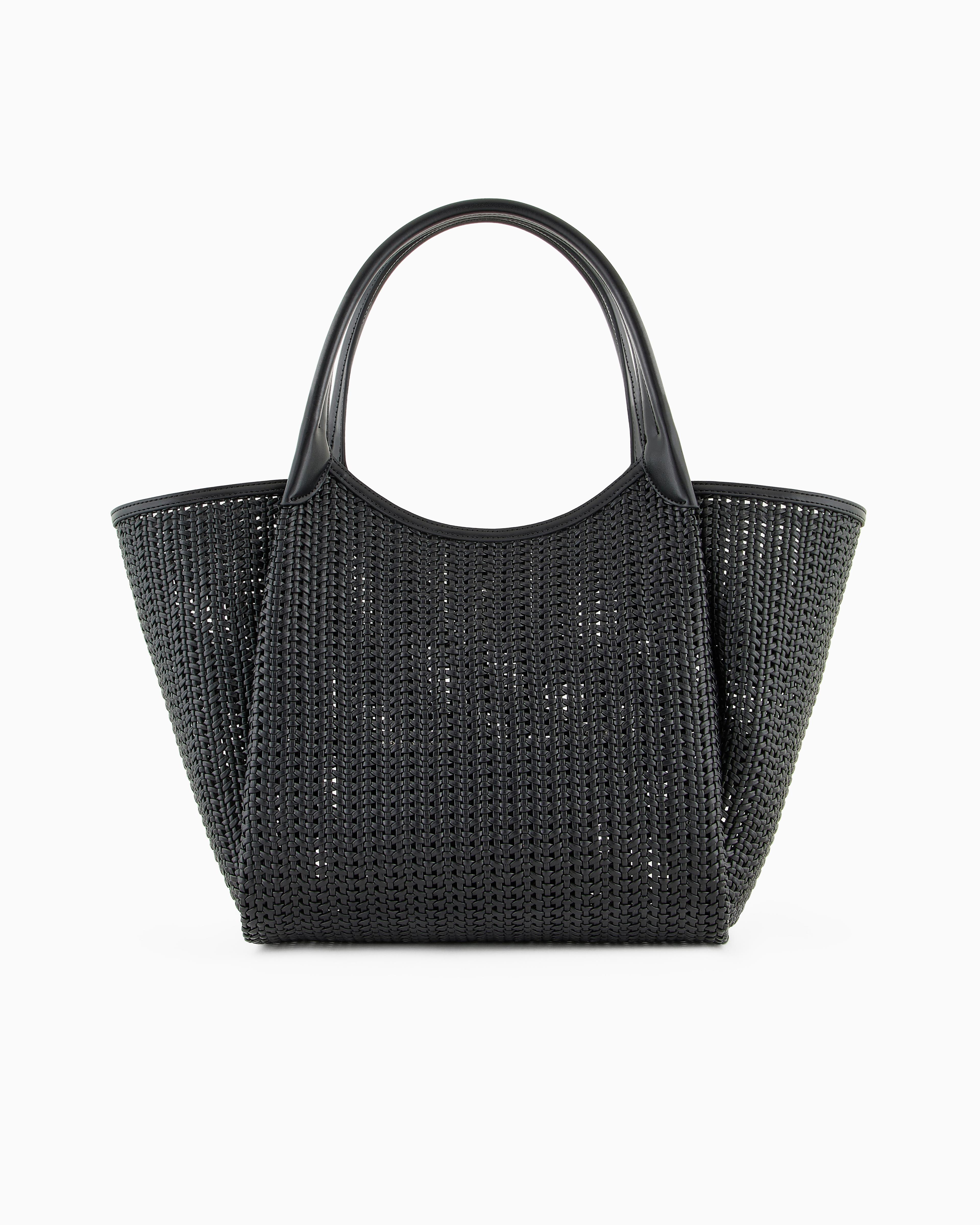 EMPORIO ARMANI Emporıo Armani Kadın Metalik Logo Aksesuarlı Örgü Desenli Çıkarılabilir İç Bölmeli Siyah Omuz Çantası EW001009 AF14309-UC001