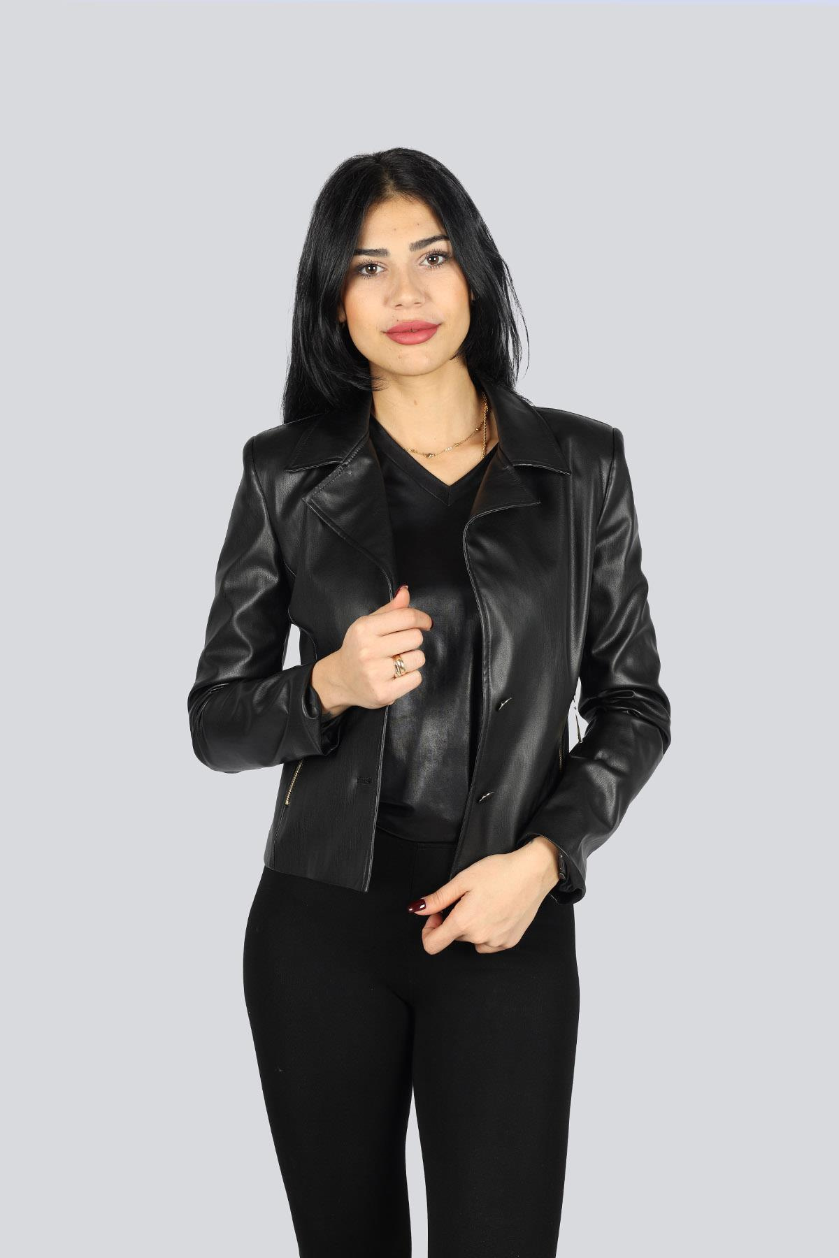 Explosion Explosıon Kadın Deri Marka Logolu Fermuarlı Günlük Kullanım Siyah Ceket EXP62234-SİYAH