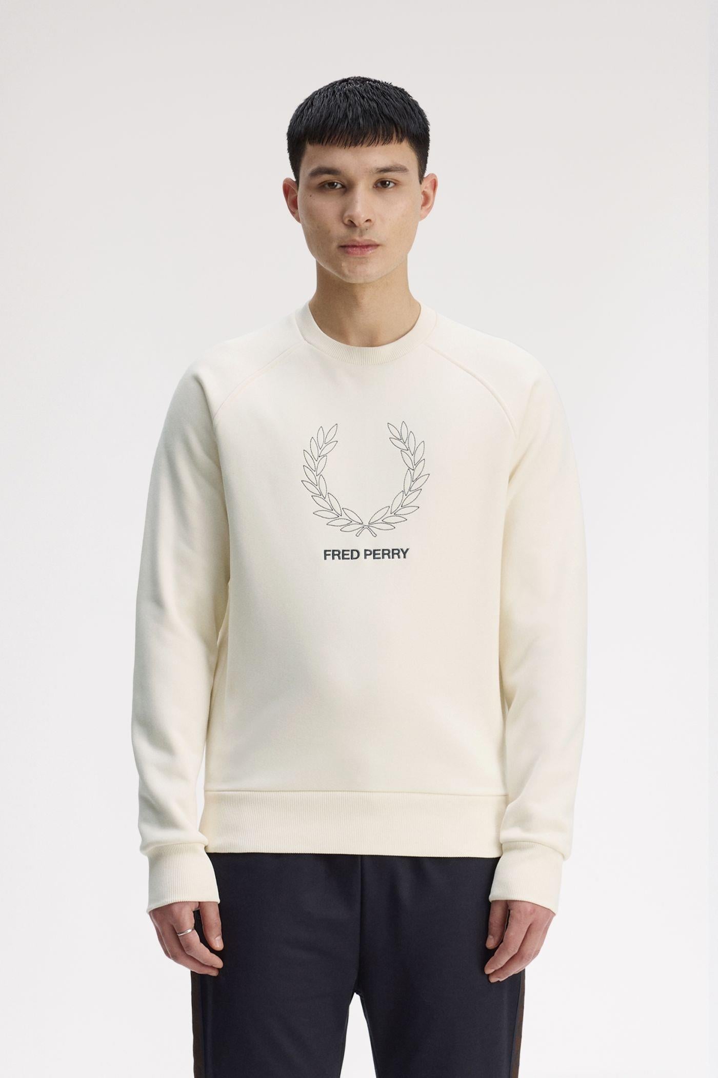Fred Perry Fred Perry Erkek Kalın Jarse Pamuklu Logo İşlemeli Yuvarlak Yakalı Uzun Kollu Ekru Sweatshirt M1769-560