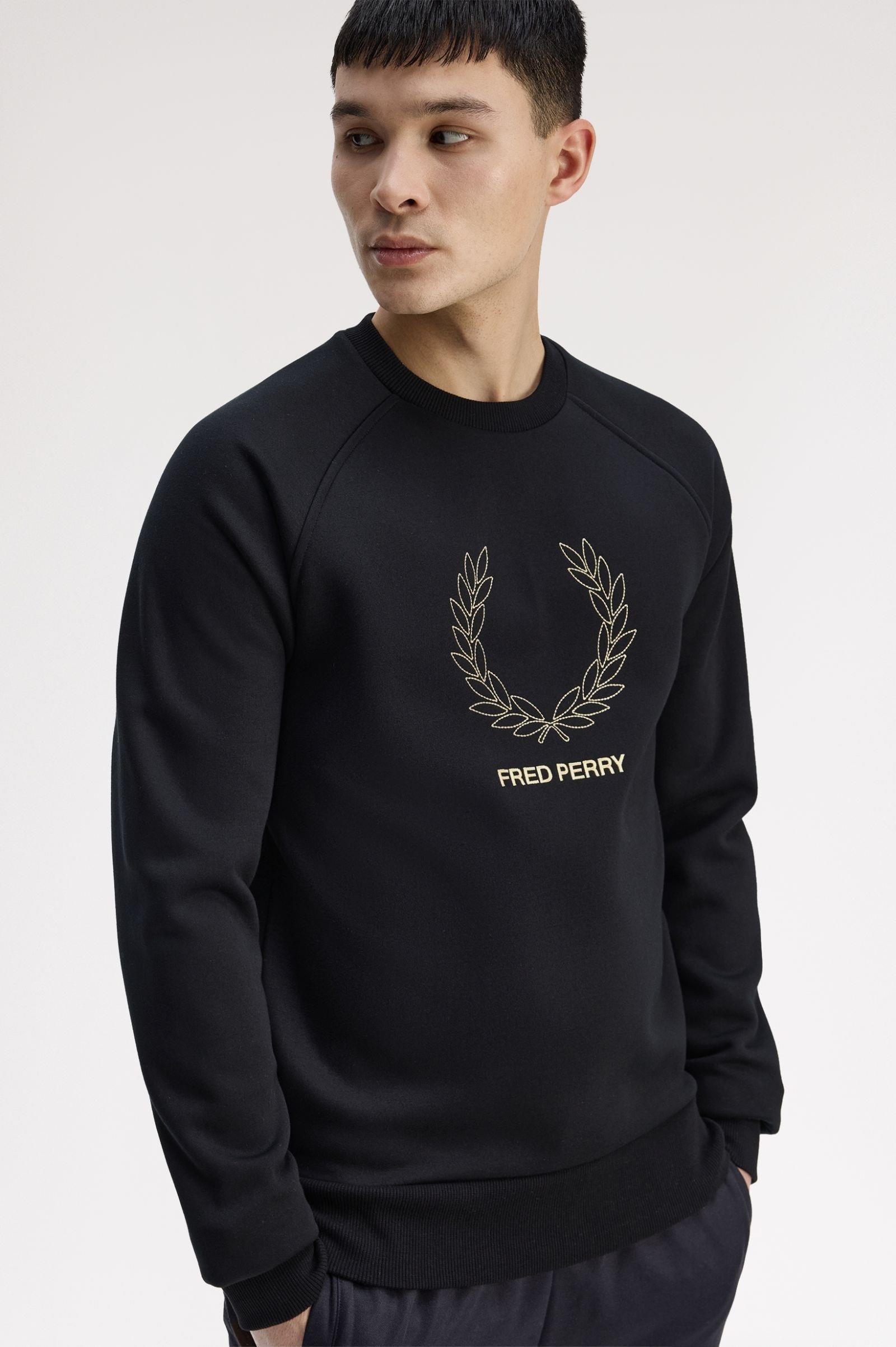 Fred Perry Fred Perry Erkek Kalın Jarse Pamuklu Logo İşlemeli Yuvarlak Yakalı Uzun Kollu Siyah Sweatshirt M1769-102