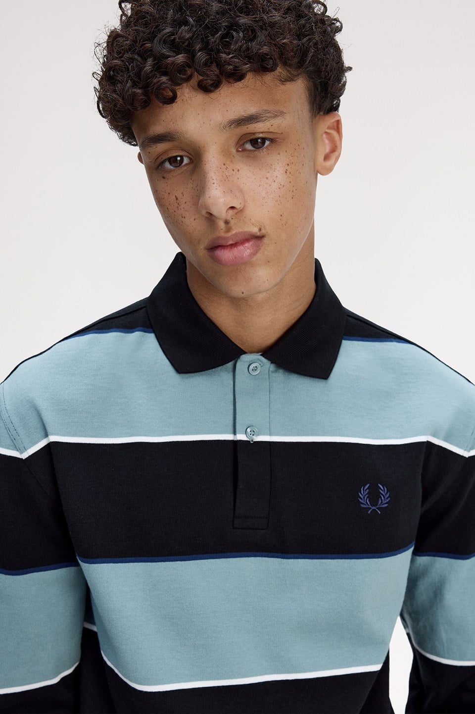 Fred Perry Fred Perry Erkek Kalın Pamuklu Jarse Kumaş Yatay Çizgi Desenli Uzun Kollu Lacivert Polo Yaka T-Shirt M1728-795
