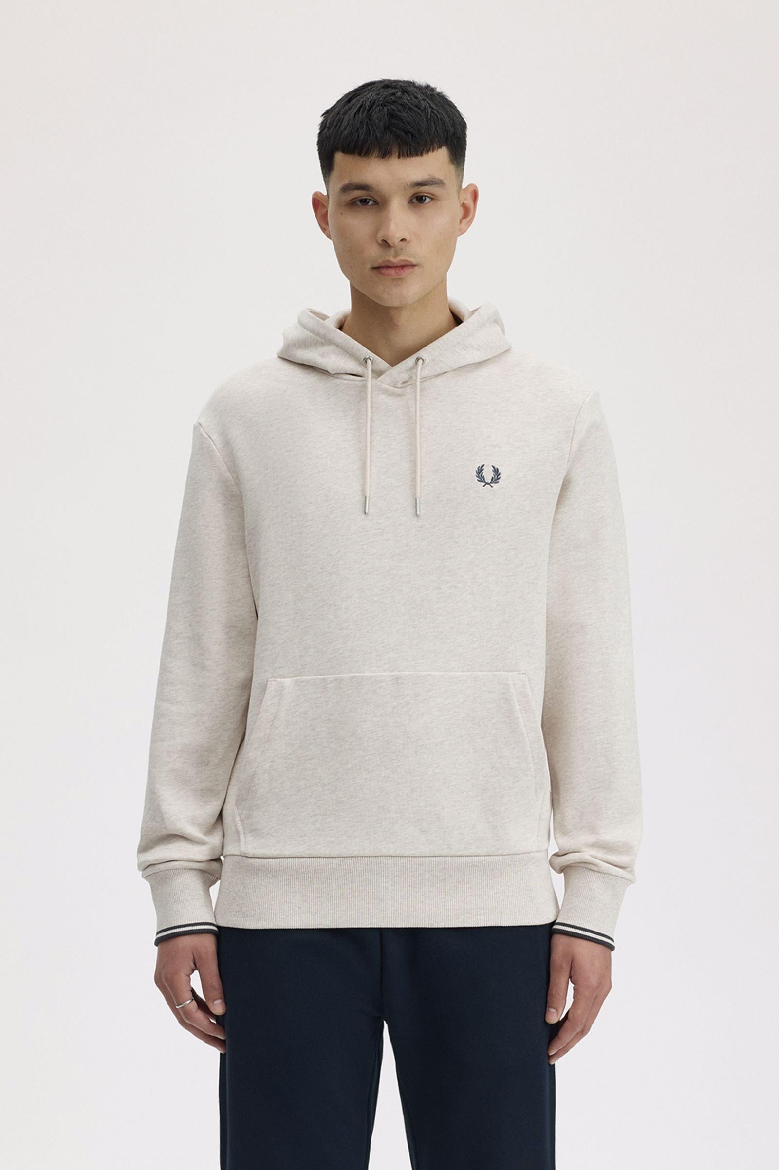 Fred Perry Fred Perry Erkek Normal Kalıp Logo İşlemeli Kapüşonlu %100 Pamuklu Uzun Kollu Ekru Sweatshirt M2643-W50