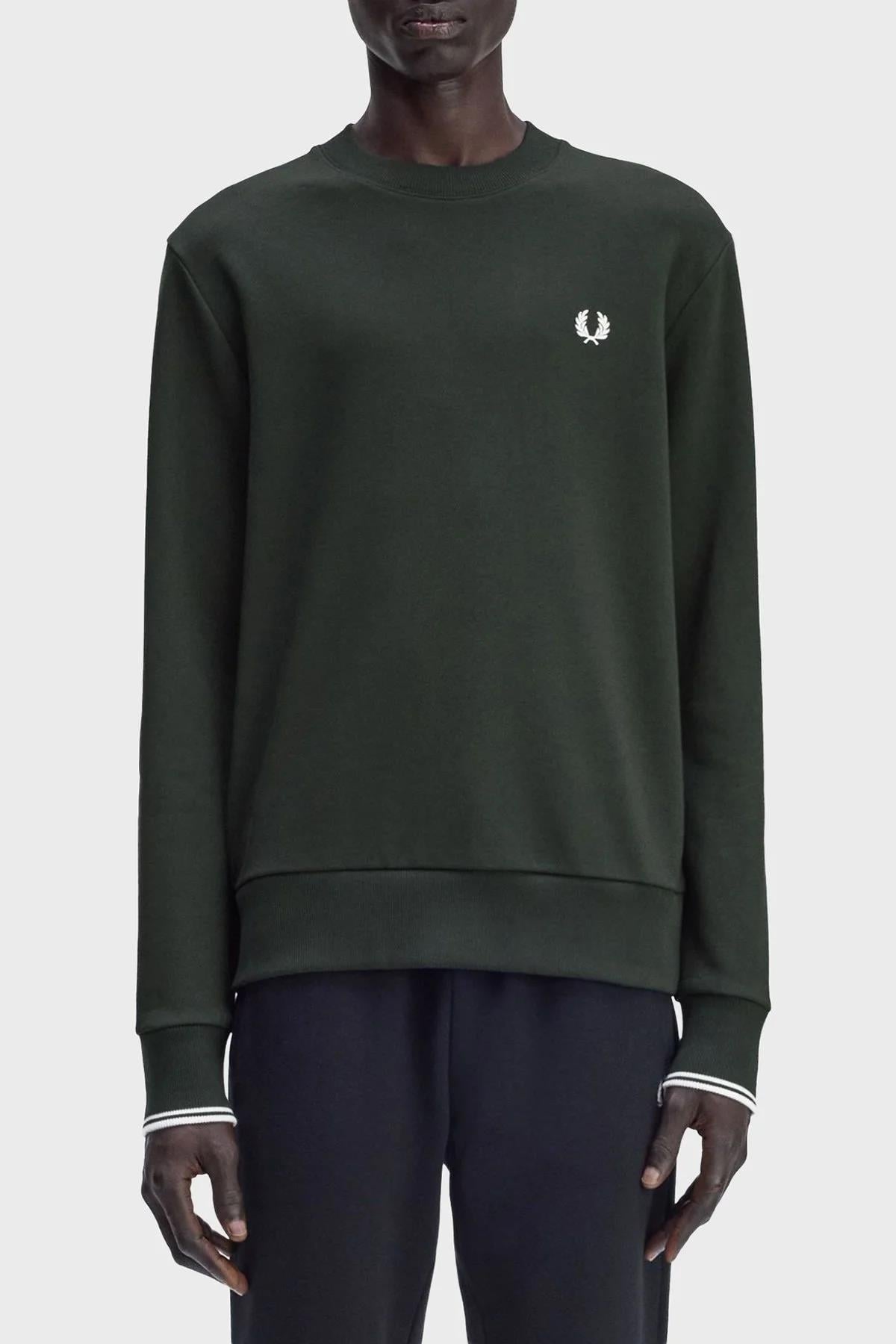Fred Perry Fred Perry Erkek Normal Kalıp Yuvarlak Yakalı Logo İşlemeli Pamuk Karışımlı Uzun Kollu Yeşil Sweatshirt M7535-T50