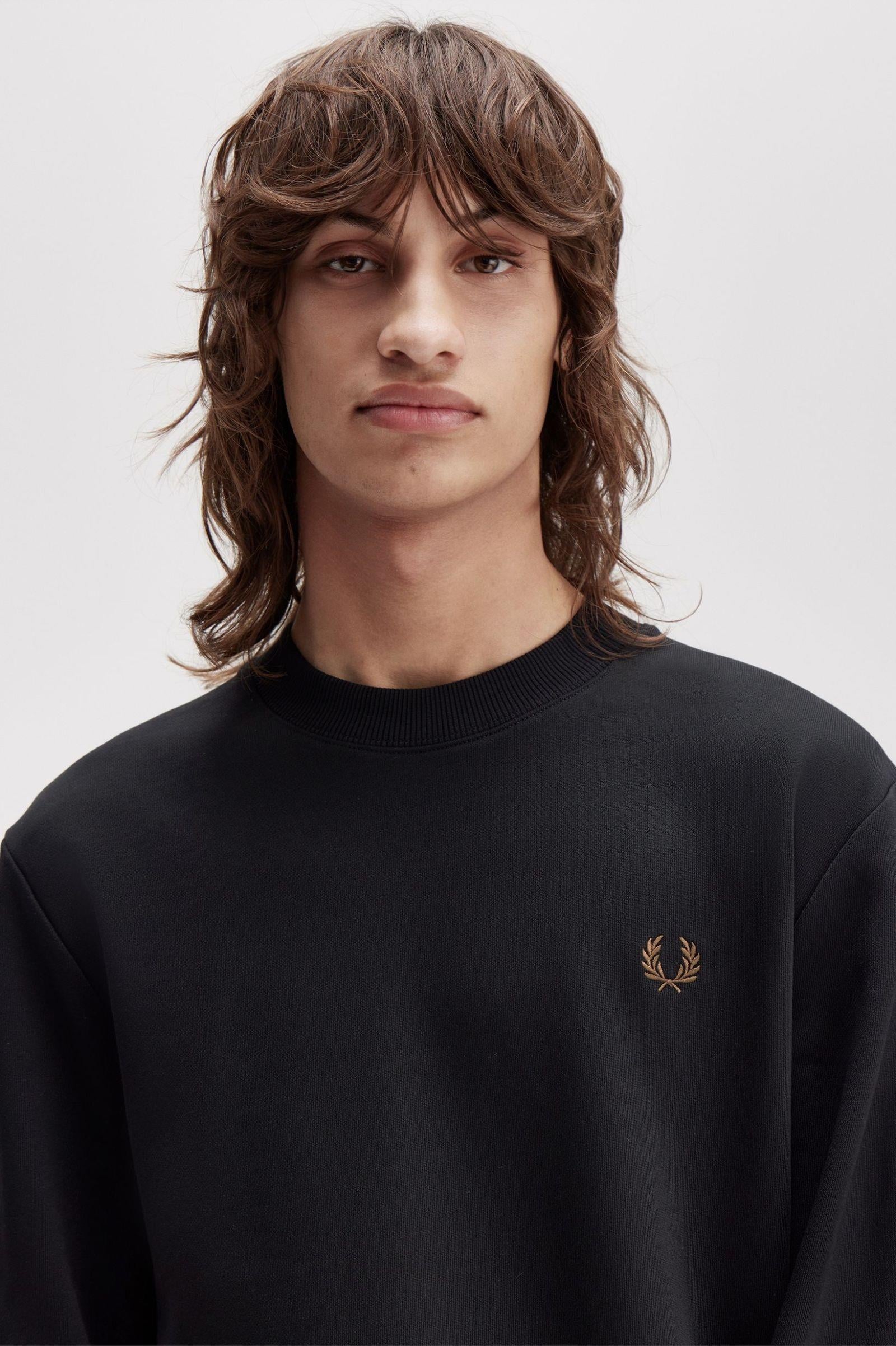 Fred Perry Fred Perry Erkek Normal Kalıp Yuvarlak Yakalı Logo İşlemeli Pamuk Karışımlı Uzun Kollu Siyah Sweatshirt M7535-S77